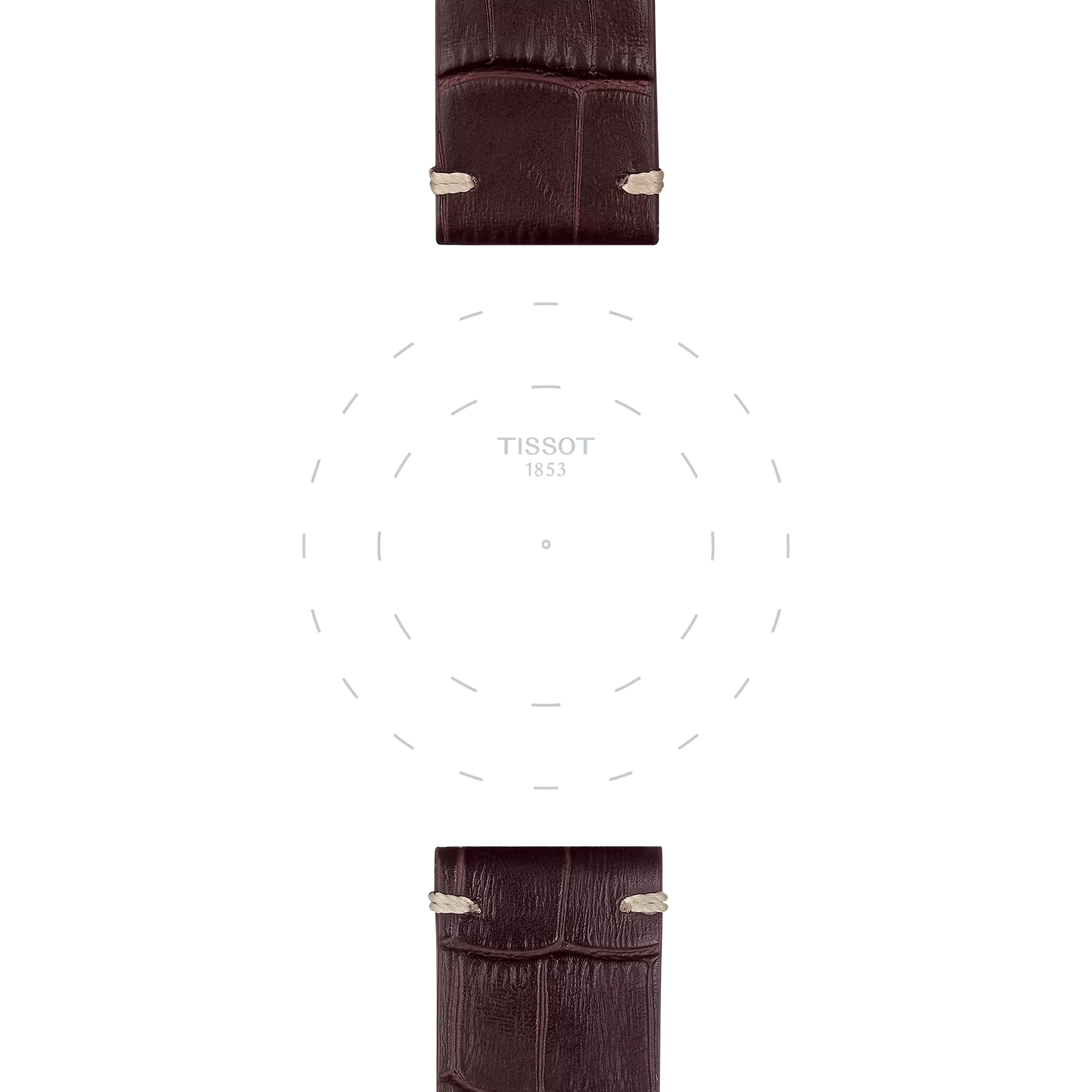 Two sections of the Tissot Official Brown Leather Strap with 22 mm lugs are positioned at the top and bottom of a blank white watch face, which features dotted hour markers and displays the Tissot brand name in the center.