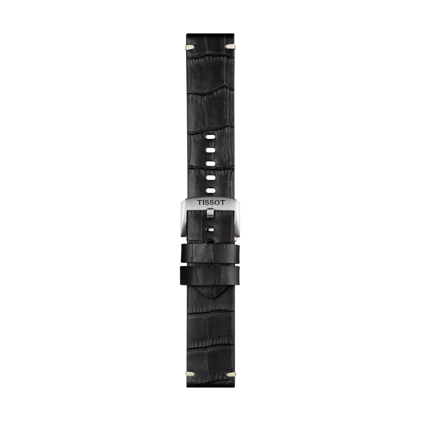 The Tissot Official Black Leather Strap Lugs 22 mm features black leather with a crocodile pattern, a silver buckle engraved with "TISSOT," and multiple adjustment holes. The strap is displayed vertically on a plain white background.