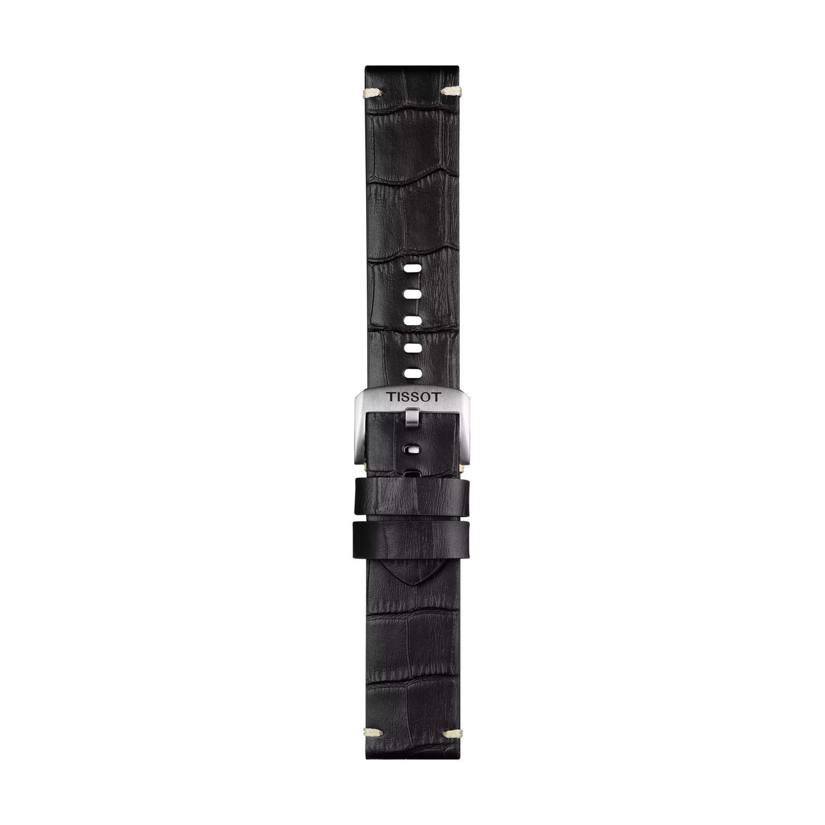 The Tissot Official Black Leather Strap Lugs 22 mm features black leather with a crocodile pattern, a silver buckle engraved with "TISSOT," and multiple adjustment holes. The strap is displayed vertically on a plain white background.