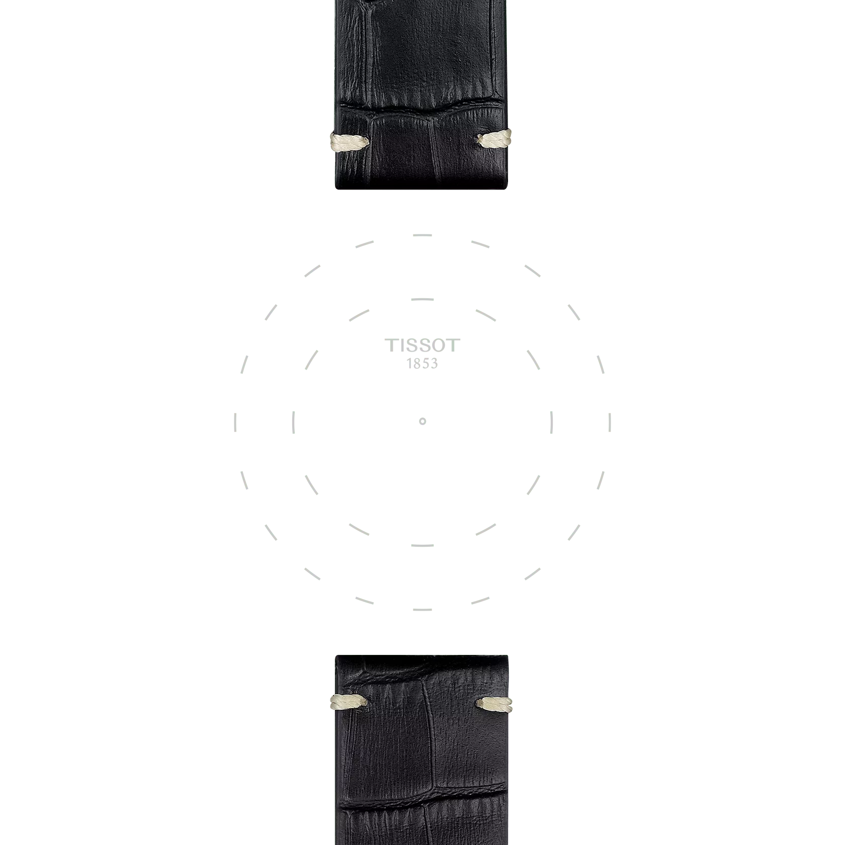 Two Tissot Official Black Leather Straps with 22 mm lugs and visible stitching are vertically aligned above and below a blank watch face featuring the "Tissot 1853" brand name in the center.