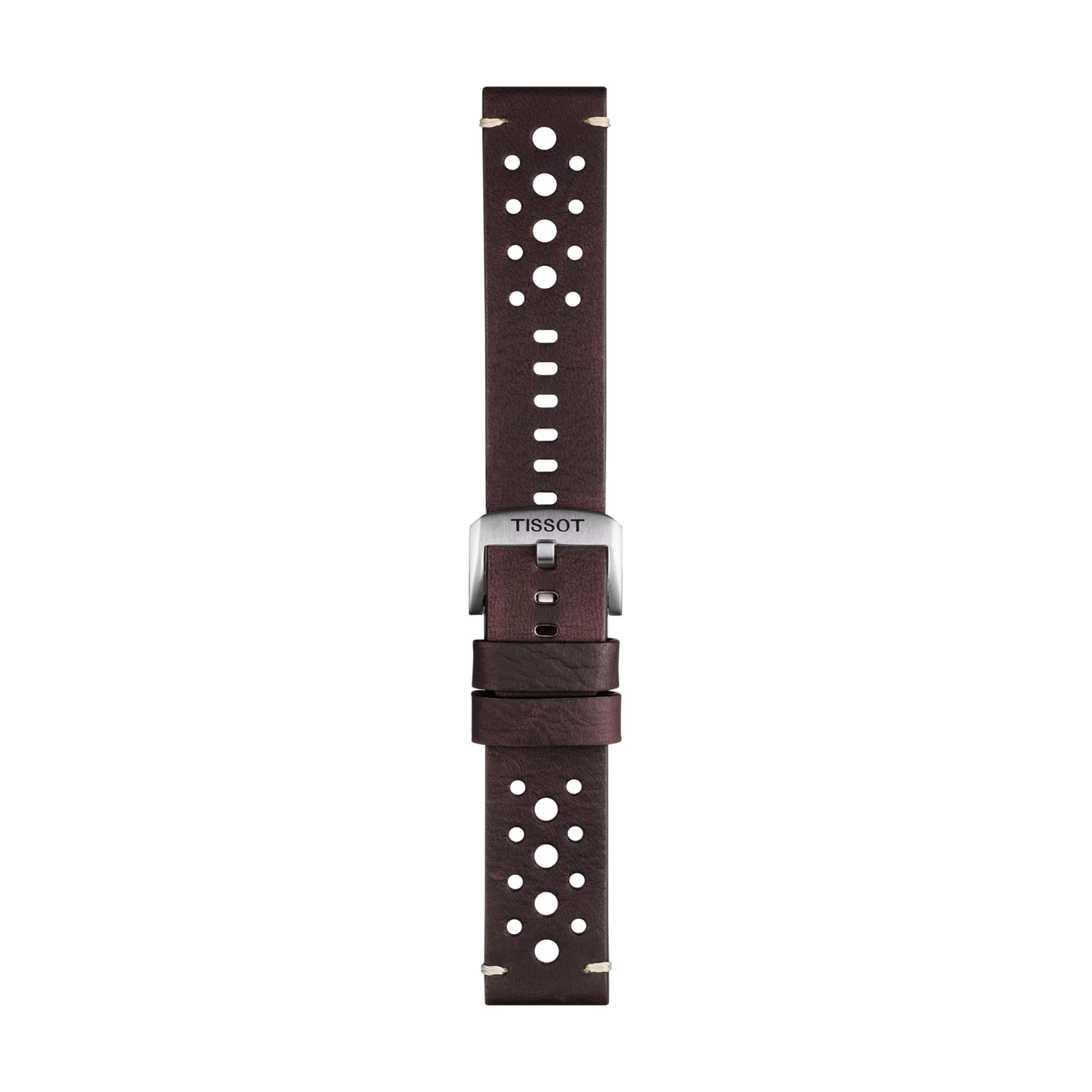 The Tissot Official Brown Leather Strap Lugs 22 mm features perforated holes, a silver buckle engraved with "Tissot," and two loops for securing the band, displayed against a white background.