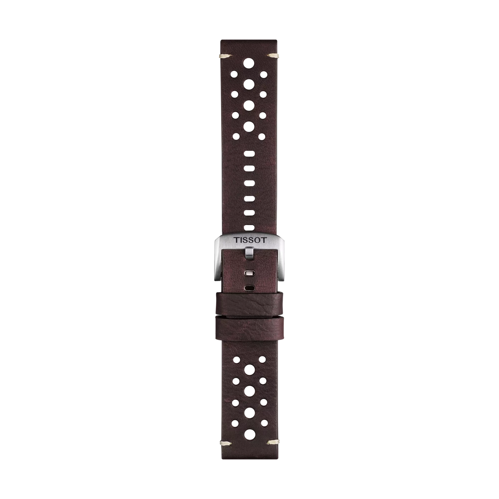 The Tissot Official Brown Leather Strap Lugs 22 mm features perforated holes, a silver buckle engraved with "Tissot," and two loops for securing the band, displayed against a white background.