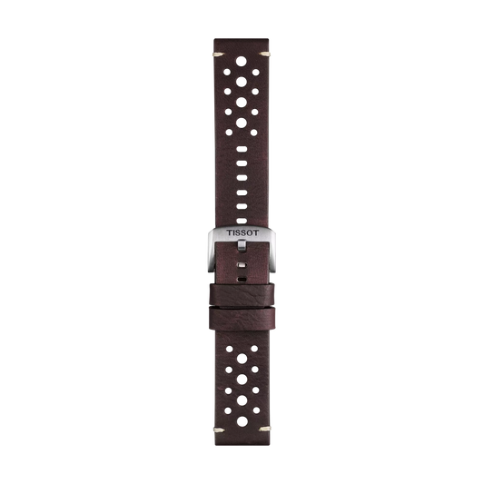 The Tissot Official Brown Leather Strap Lugs 22 mm features perforated holes, a silver buckle engraved with "Tissot," and two loops for securing the band, displayed against a white background.