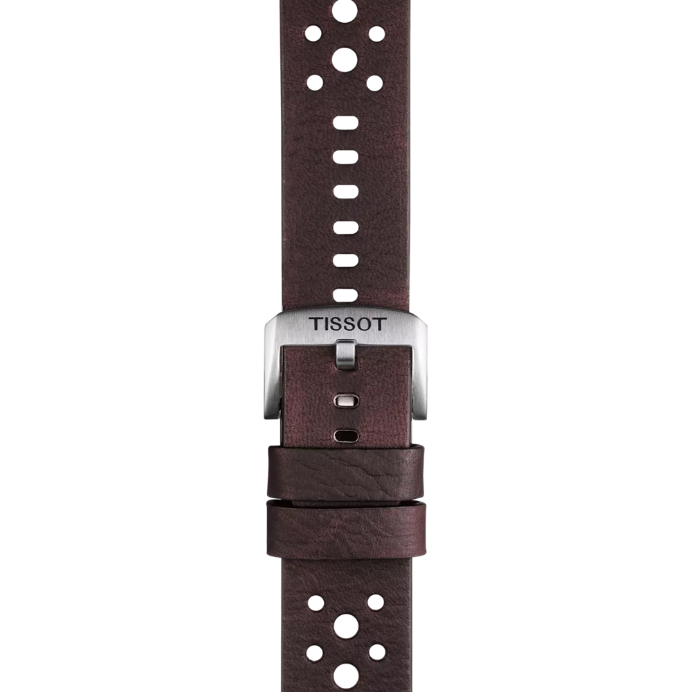 The Tissot Official Brown Leather Strap features perforated holes and a silver buckle engraved with "TISSOT," shown against a white background.
