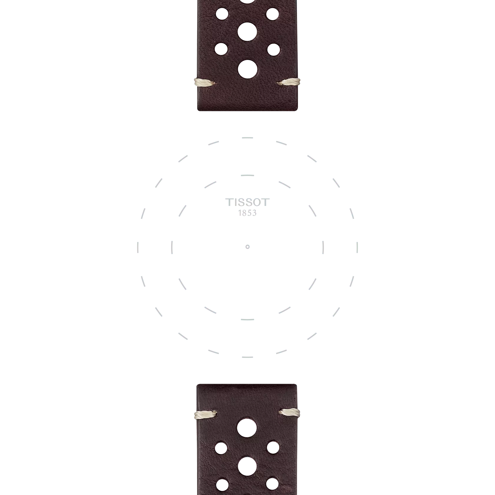 Two sections of the Tissot Official Brown Leather Strap Lugs 22 mm, featuring circular holes, are displayed above and below a faint dashed circle with the "Tissot 1853" logo at the center, all set against a white background.