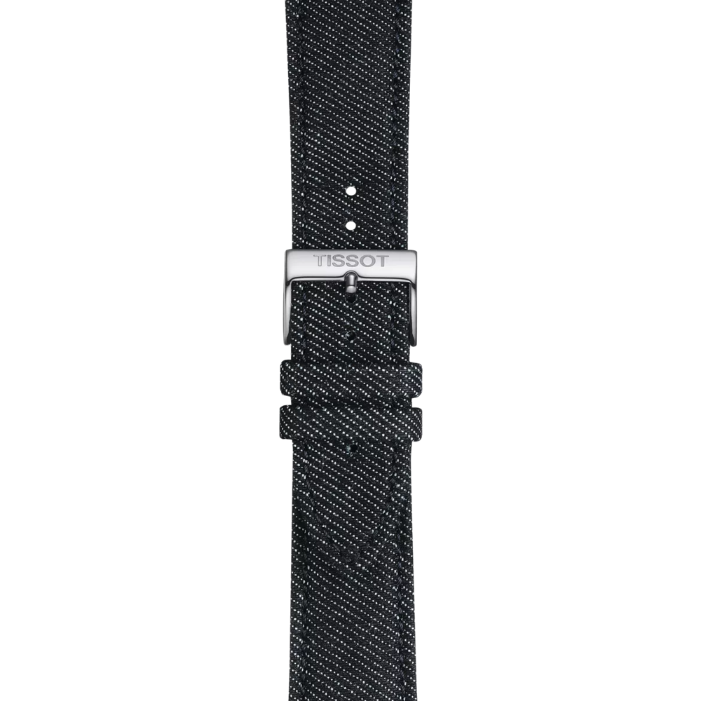 A blue Tissot textile strap with 22 mm lugs, featuring two loops and a silver buckle engraved with the Tissot logo, is displayed vertically on a white background.