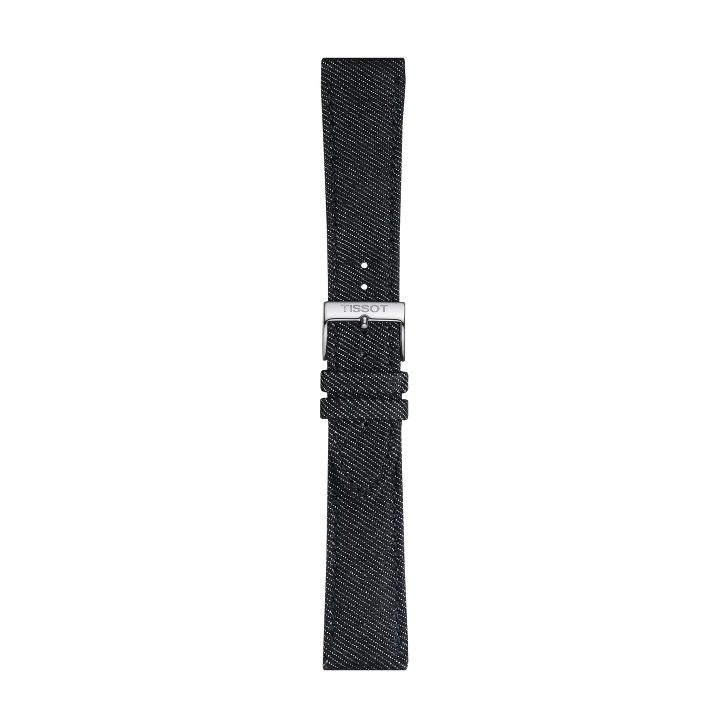 Blue textile watch strap featuring a silver-tone buckle engraved with the Tissot brand, displayed vertically on a plain white background.