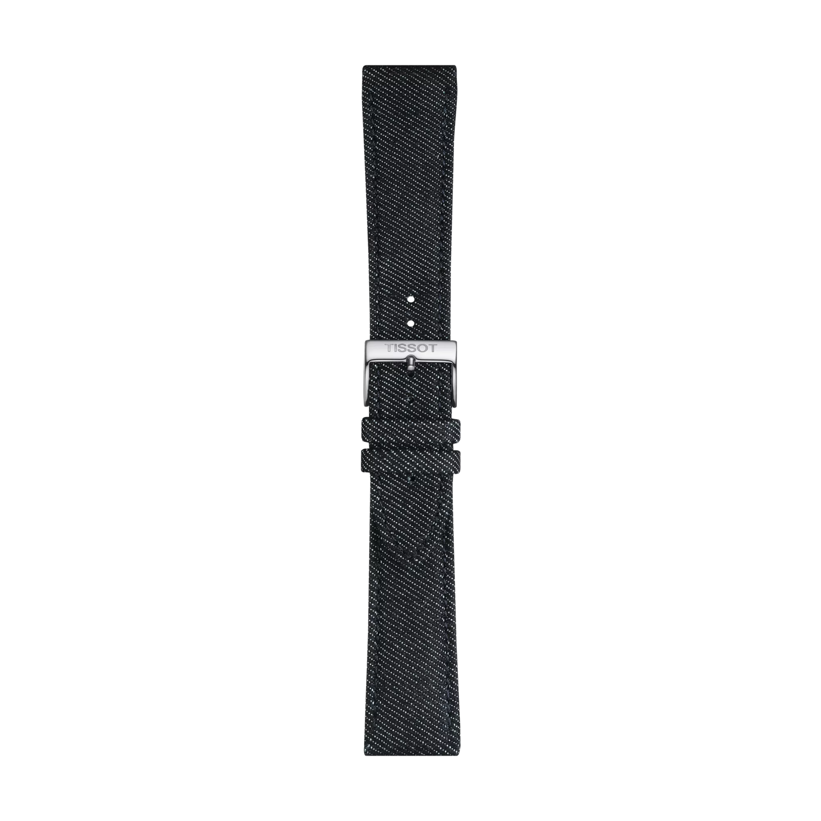 Blue textile watch strap featuring a silver-tone buckle engraved with the Tissot brand, displayed vertically on a plain white background.