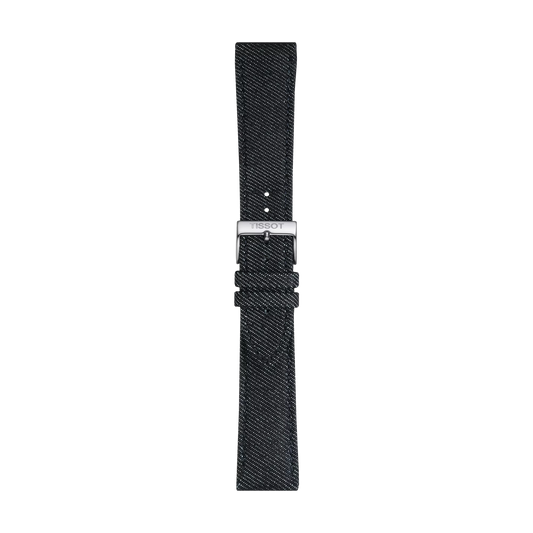 Blue textile watch strap featuring a silver-tone buckle engraved with the Tissot brand, displayed vertically on a plain white background.