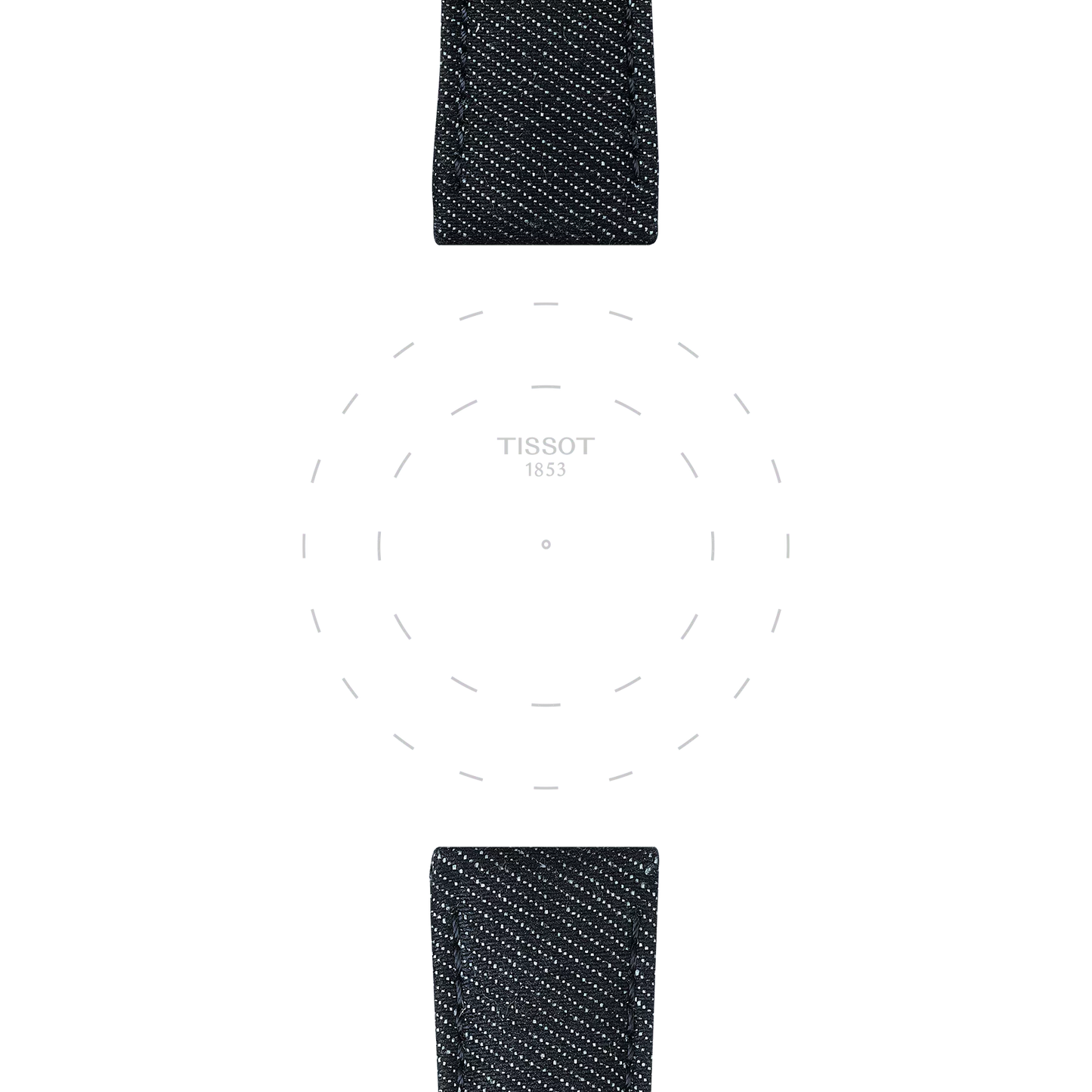 A minimalistic Tissot watch face with no hands, featuring dotted hour markers and a subtle "TISSOT 1853" logo at the center, paired with dark Official Blue textile straps (22 mm lugs) from Tissot visible above and below.