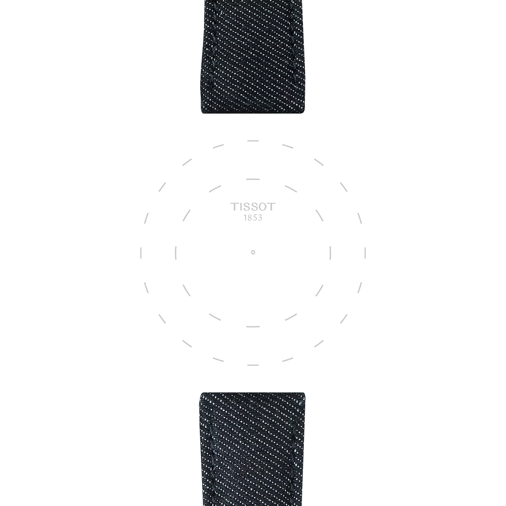 A minimalistic Tissot watch face with no hands, featuring dotted hour markers and a subtle "TISSOT 1853" logo at the center, paired with dark Official Blue textile straps (22 mm lugs) from Tissot visible above and below.