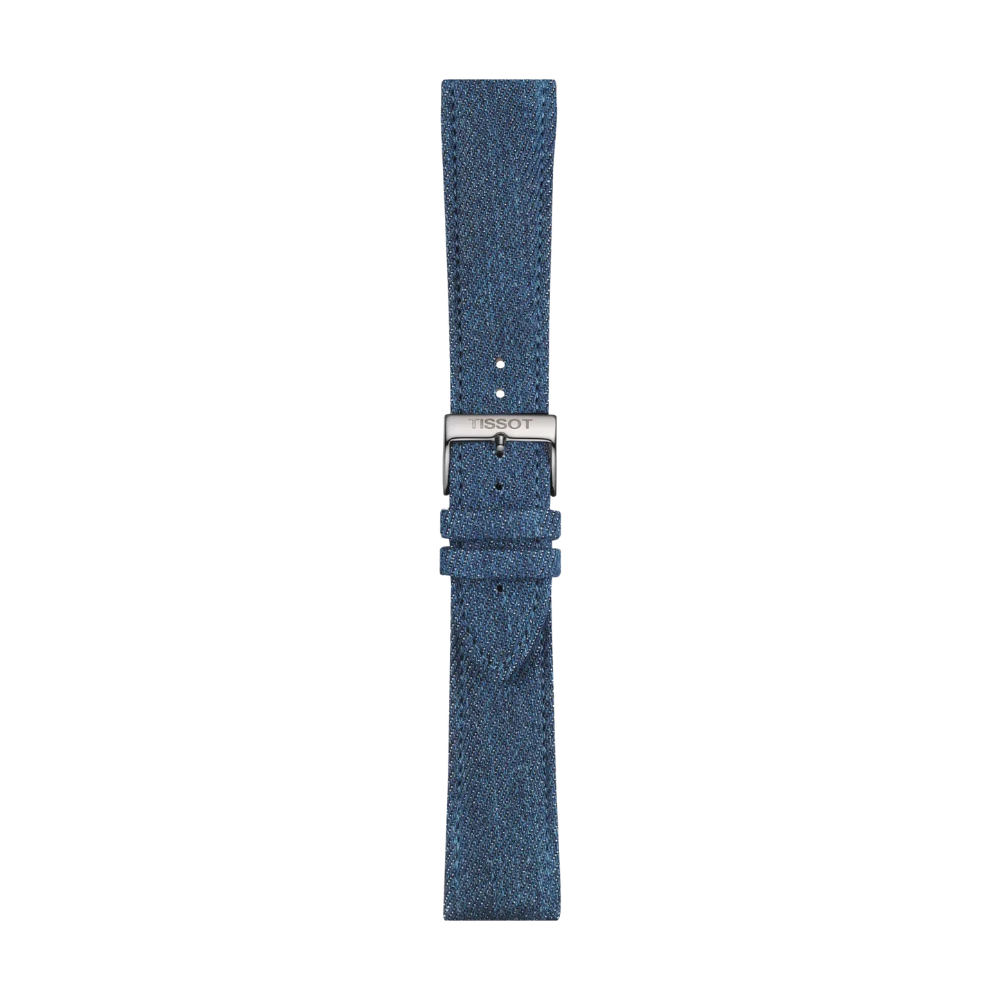 A Tissot Official Blue Textile Strap with 22 mm lugs is shown laid flat on a plain white background, featuring a blue textured design and a silver buckle engraved with the Tissot brand name.