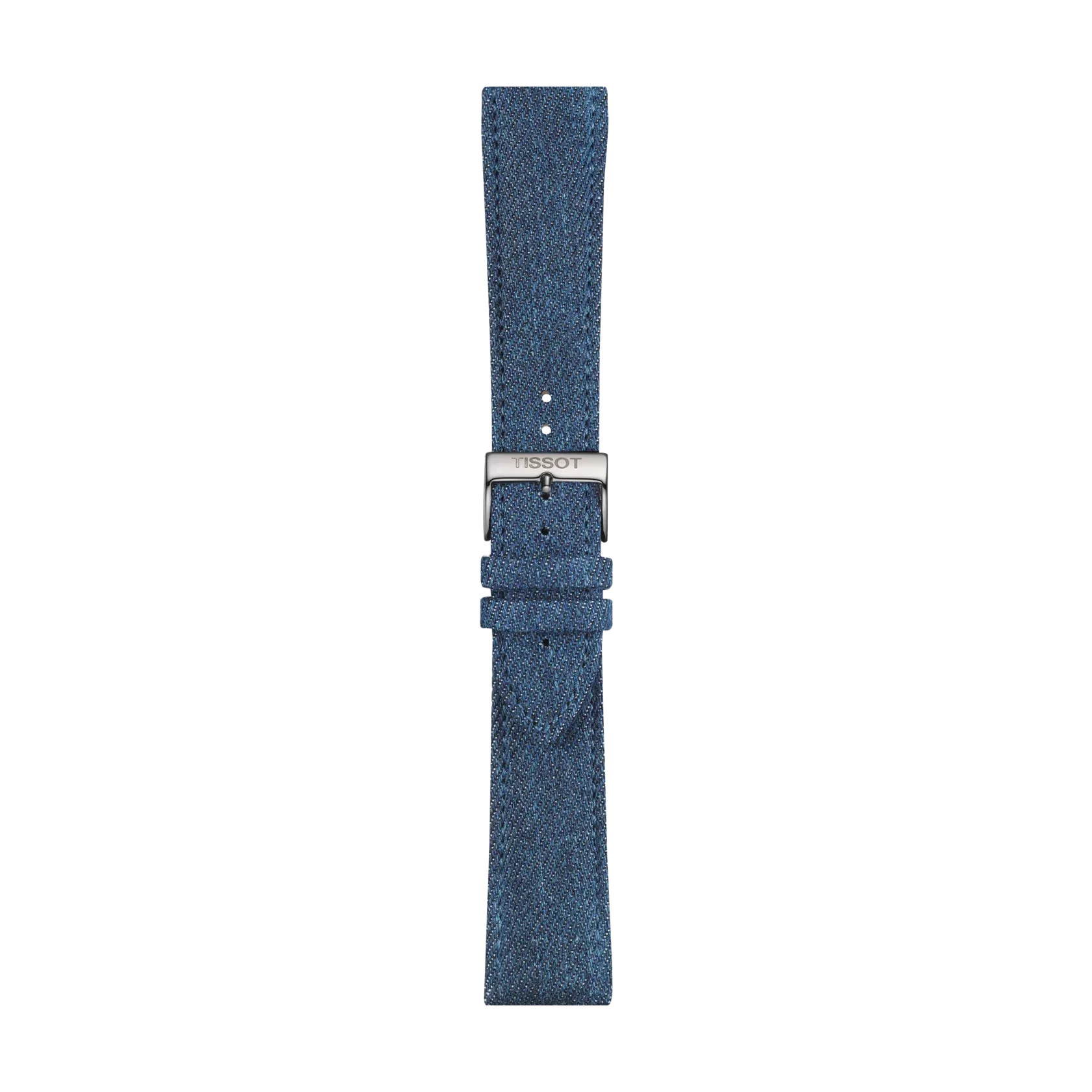 A Tissot Official Blue Textile Strap with 22 mm lugs is shown laid flat on a plain white background, featuring a blue textured design and a silver buckle engraved with the Tissot brand name.