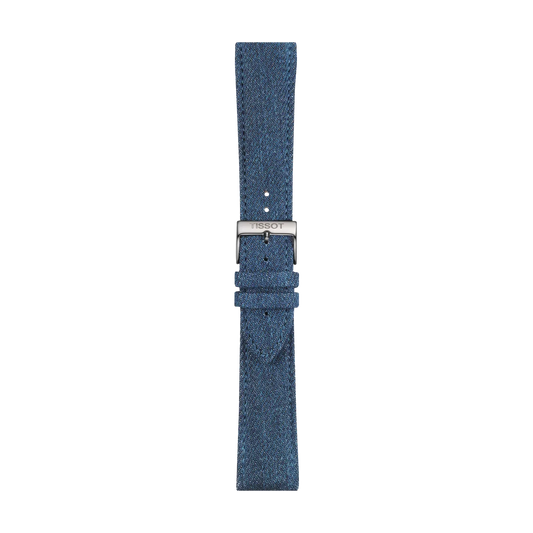 A Tissot Official Blue Textile Strap with 22 mm lugs is shown laid flat on a plain white background, featuring a blue textured design and a silver buckle engraved with the Tissot brand name.
