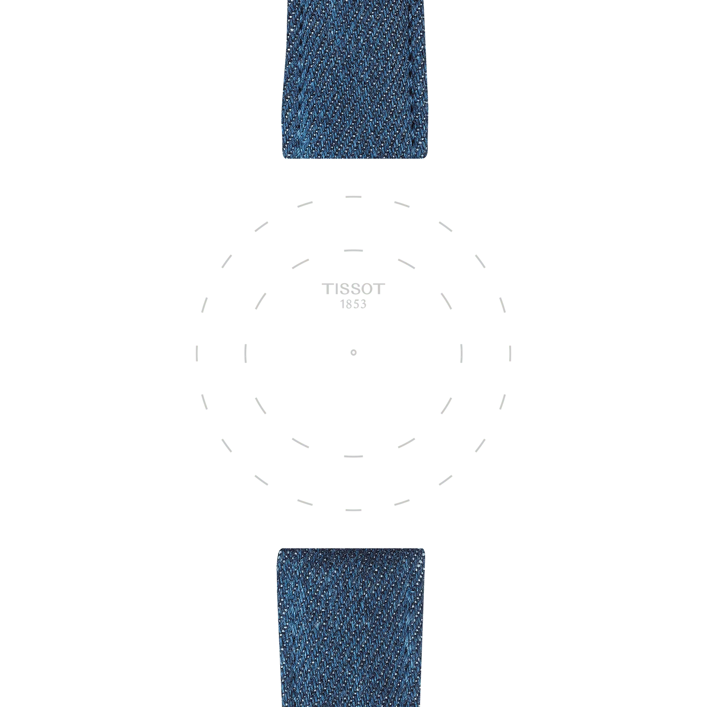 Minimalist watch face featuring "TISSOT 1853" at the center, subtle dashed circle markers, and equipped with two Tissot Official Blue Textile Straps (22 mm lugs) at the top and bottom, set against a white background.