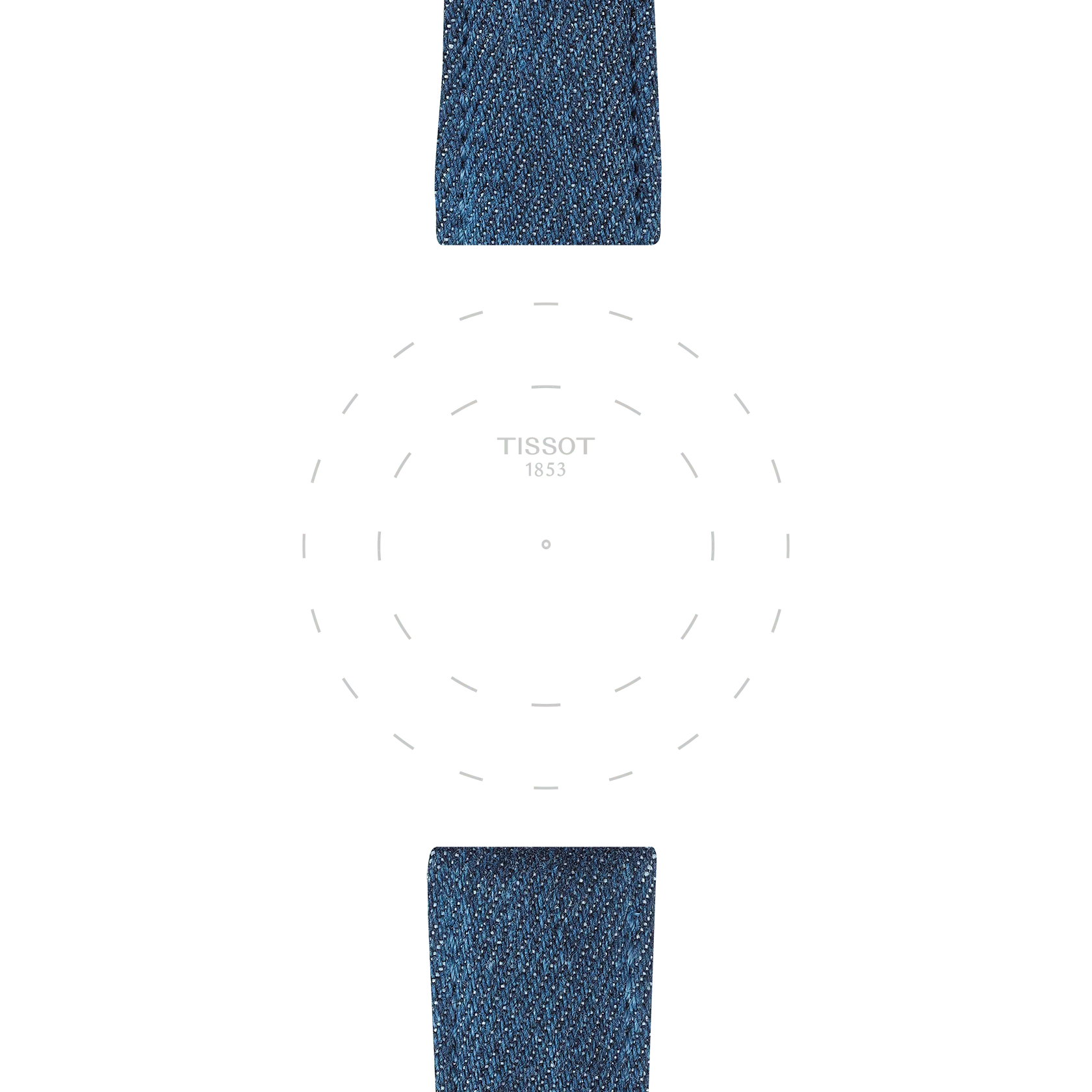 Minimalist watch face featuring "TISSOT 1853" at the center, subtle dashed circle markers, and equipped with two Tissot Official Blue Textile Straps (22 mm lugs) at the top and bottom, set against a white background.