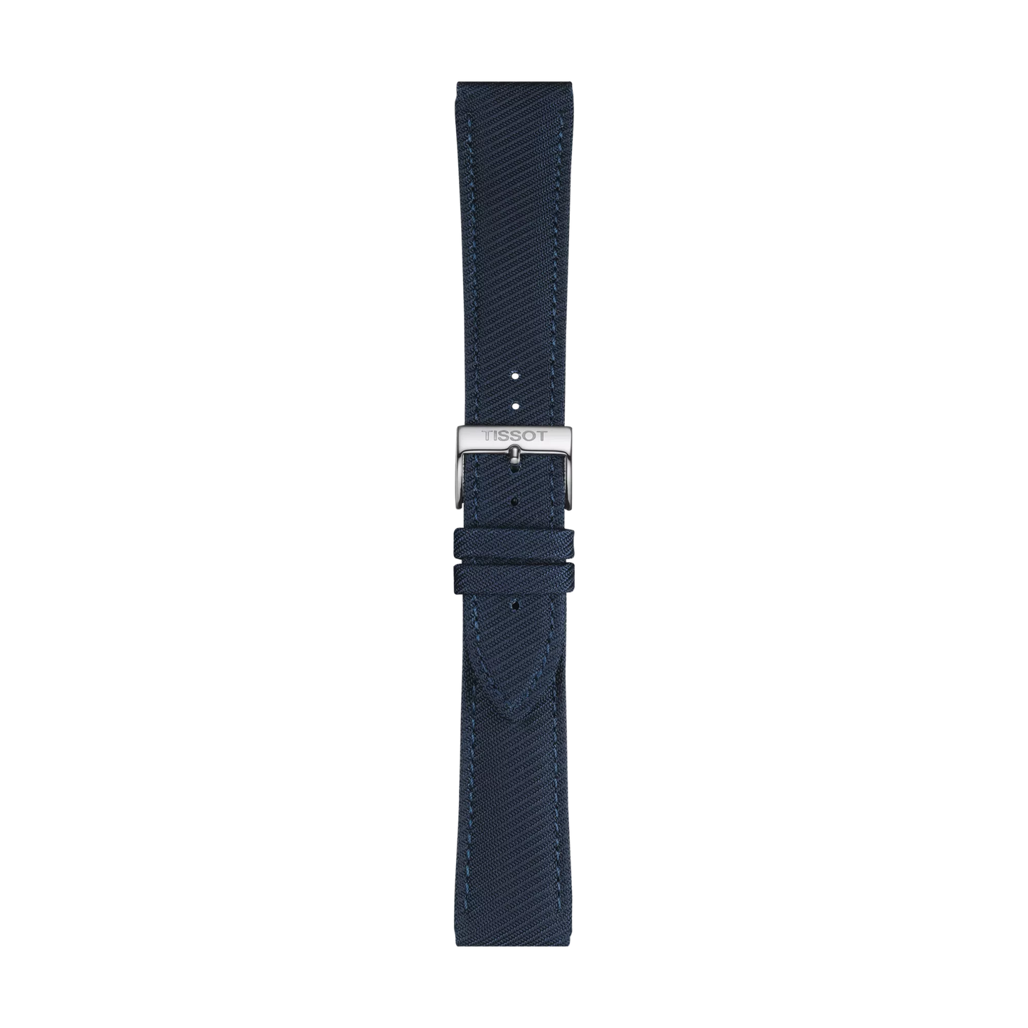 The Tissot Official Blue Textile Strap features a dark blue textured design with detailed stitching, a silver buckle engraved with the Tissot brand name, and multiple adjustment holes. The strap is suitable for 22 mm lugs and is pictured against a white background.