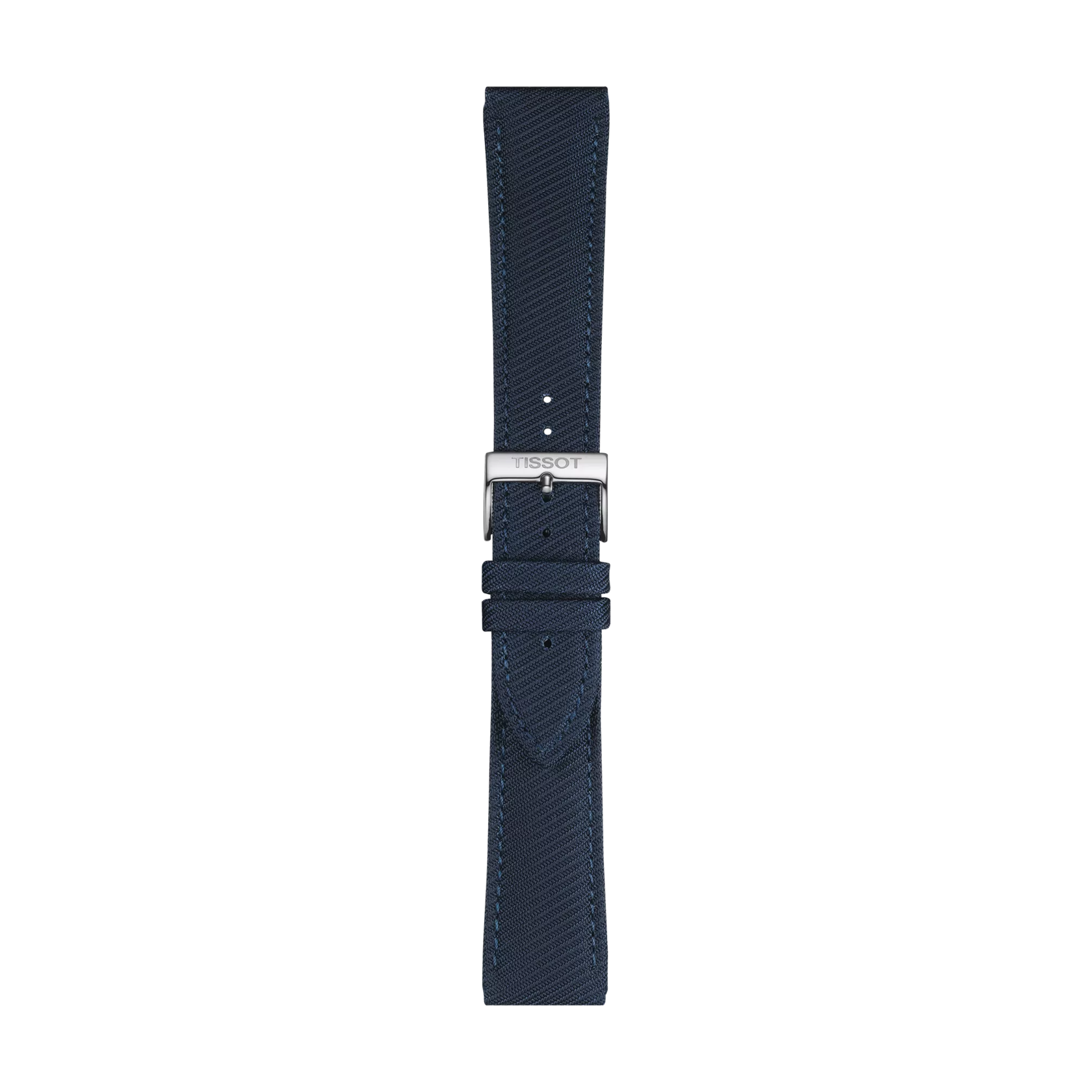 The Tissot Official Blue Textile Strap features a dark blue textured design with detailed stitching, a silver buckle engraved with the Tissot brand name, and multiple adjustment holes. The strap is suitable for 22 mm lugs and is pictured against a white background.
