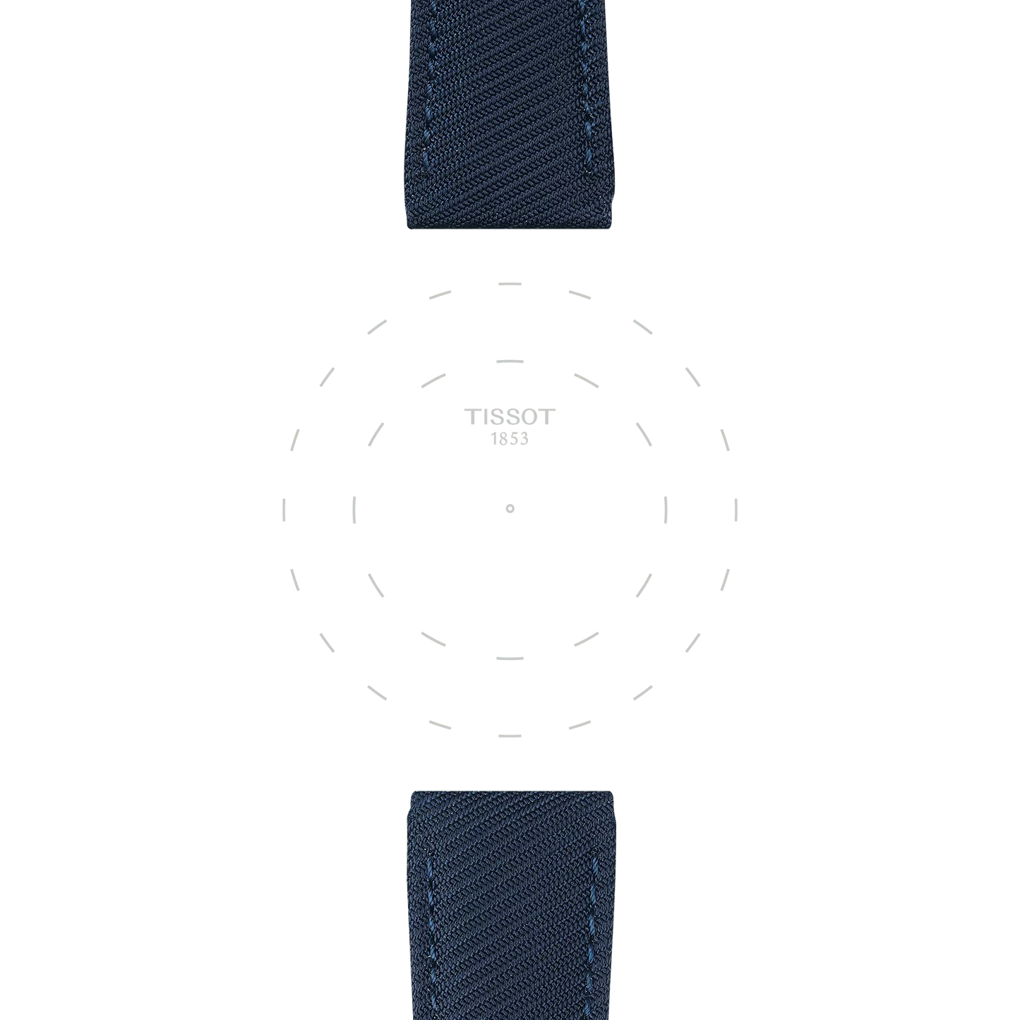 Close-up of the Tissot Official Blue Textile Strap (Lugs 22 mm) by Tissot, shown from the top and bottom, with a blank white center featuring faint dotted lines and the text "TISSOT 1853." The watch face is not visible.