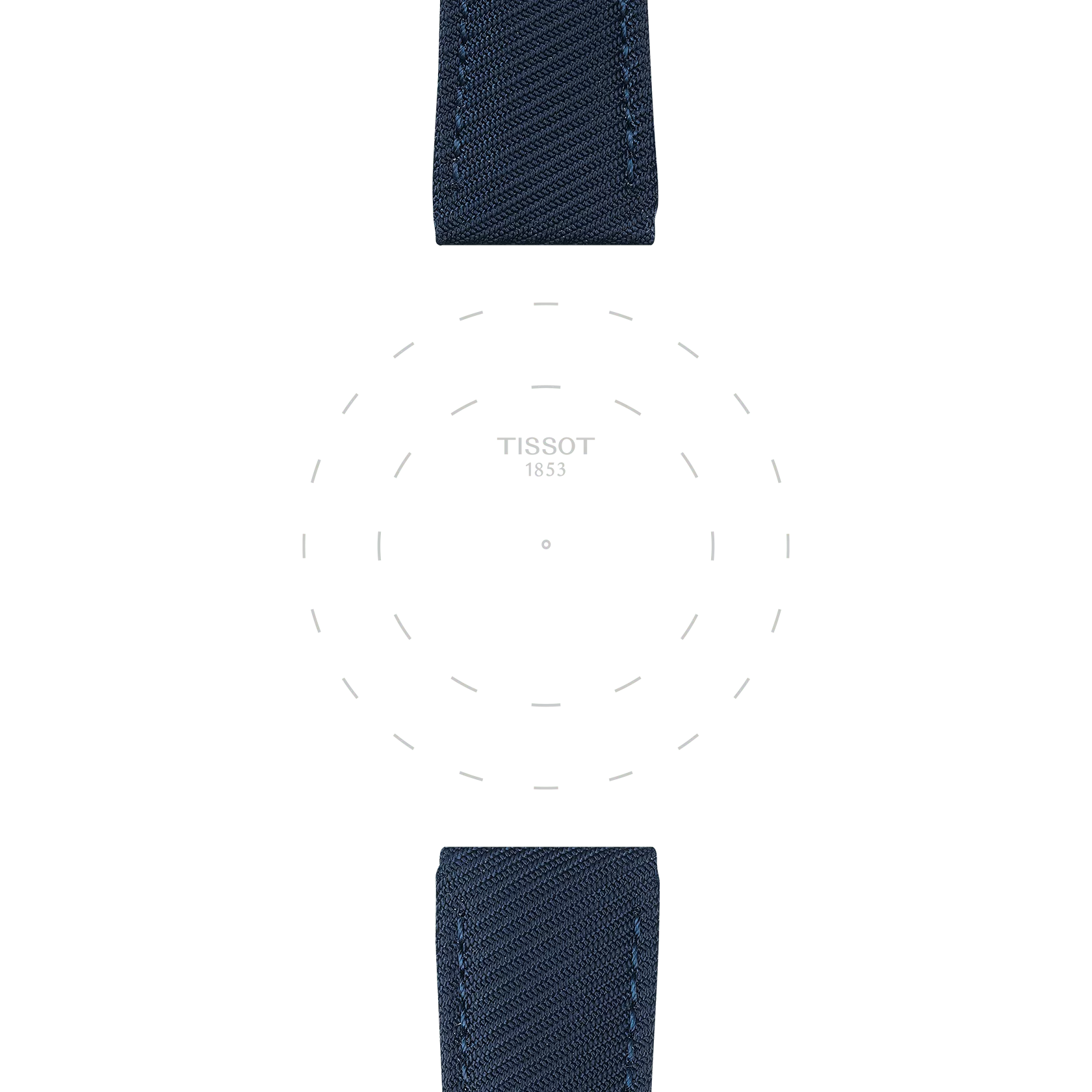 Close-up of the Tissot Official Blue Textile Strap (Lugs 22 mm) by Tissot, shown from the top and bottom, with a blank white center featuring faint dotted lines and the text "TISSOT 1853." The watch face is not visible.