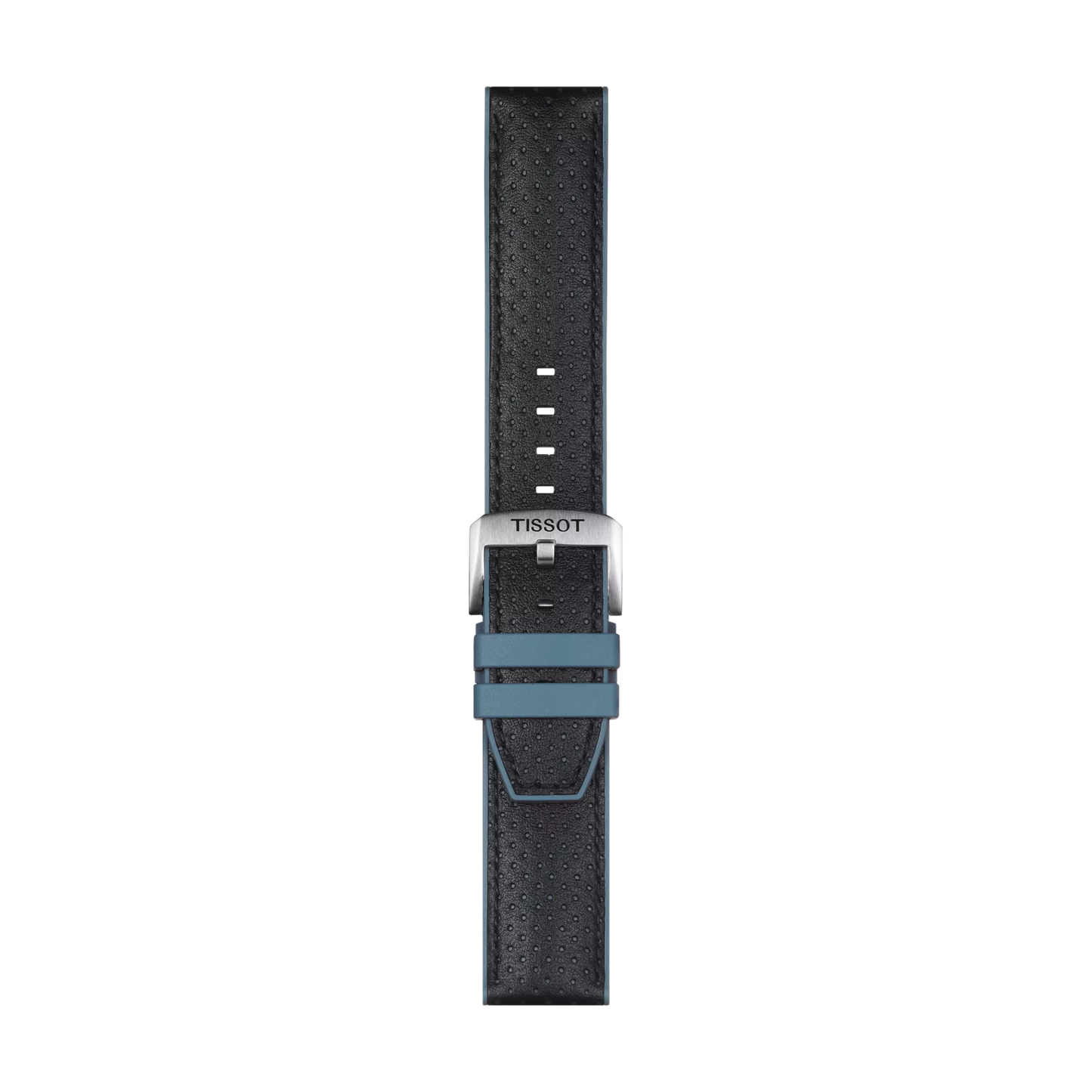 The Tissot Official Blue Leather and Rubber Strap (Lugs 22 mm) by Tissot is displayed flat against a white background, featuring a textured blue finish, black accents, a silver buckle, and multiple adjustment holes.