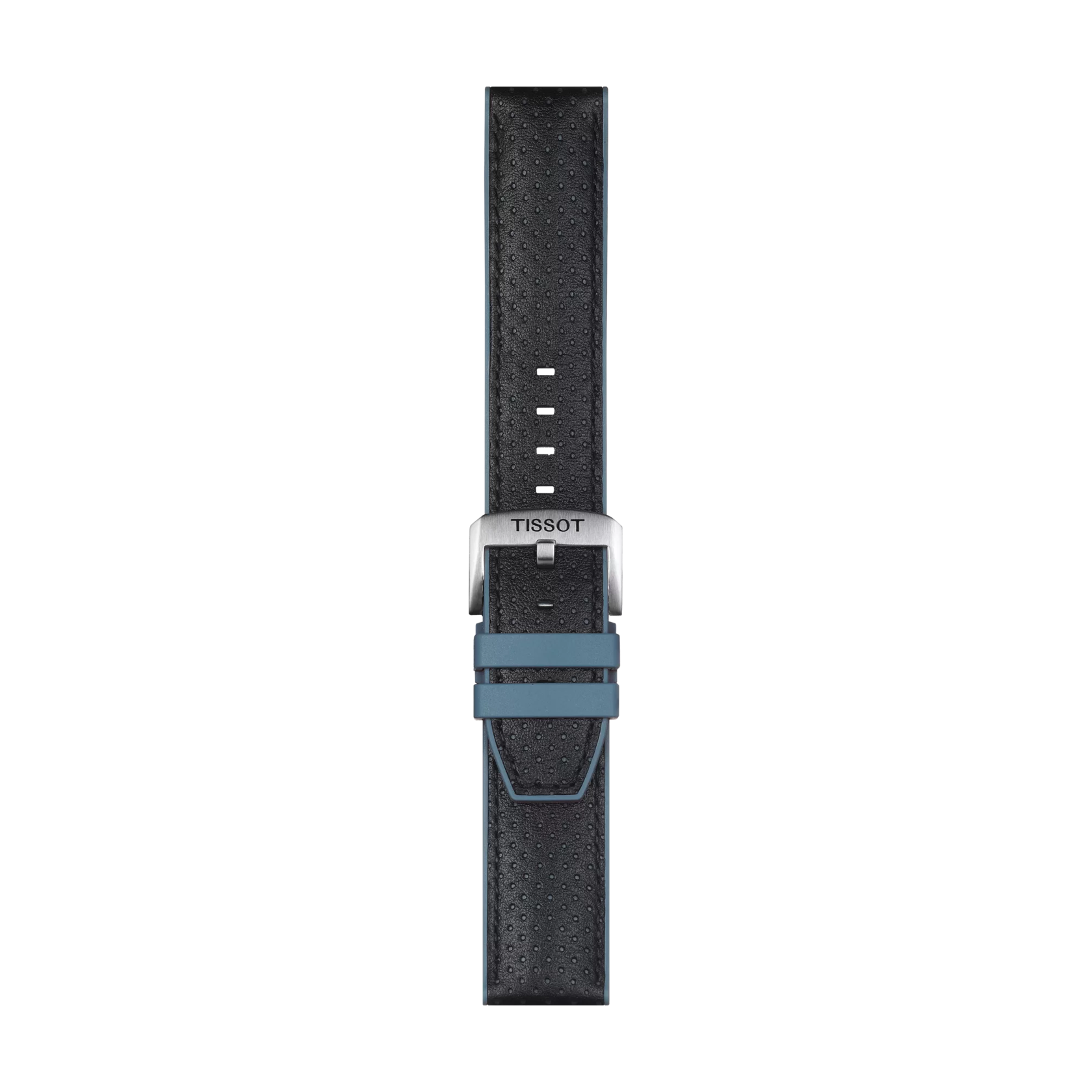 The Tissot Official Blue Leather and Rubber Strap (Lugs 22 mm) by Tissot is displayed flat against a white background, featuring a textured blue finish, black accents, a silver buckle, and multiple adjustment holes.