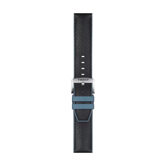 The Tissot Official Blue Leather and Rubber Strap (Lugs 22 mm) by Tissot is displayed flat against a white background, featuring a textured blue finish, black accents, a silver buckle, and multiple adjustment holes.