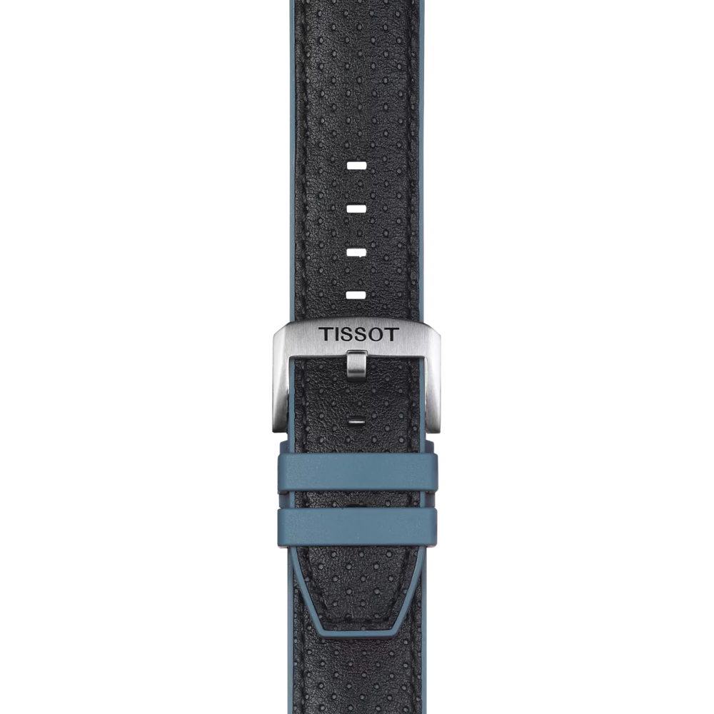 Close-up of the Tissot Official Blue Leather and Rubber Strap, featuring a black textured design, silver buckle, and two blue loops, displayed vertically on a white background.