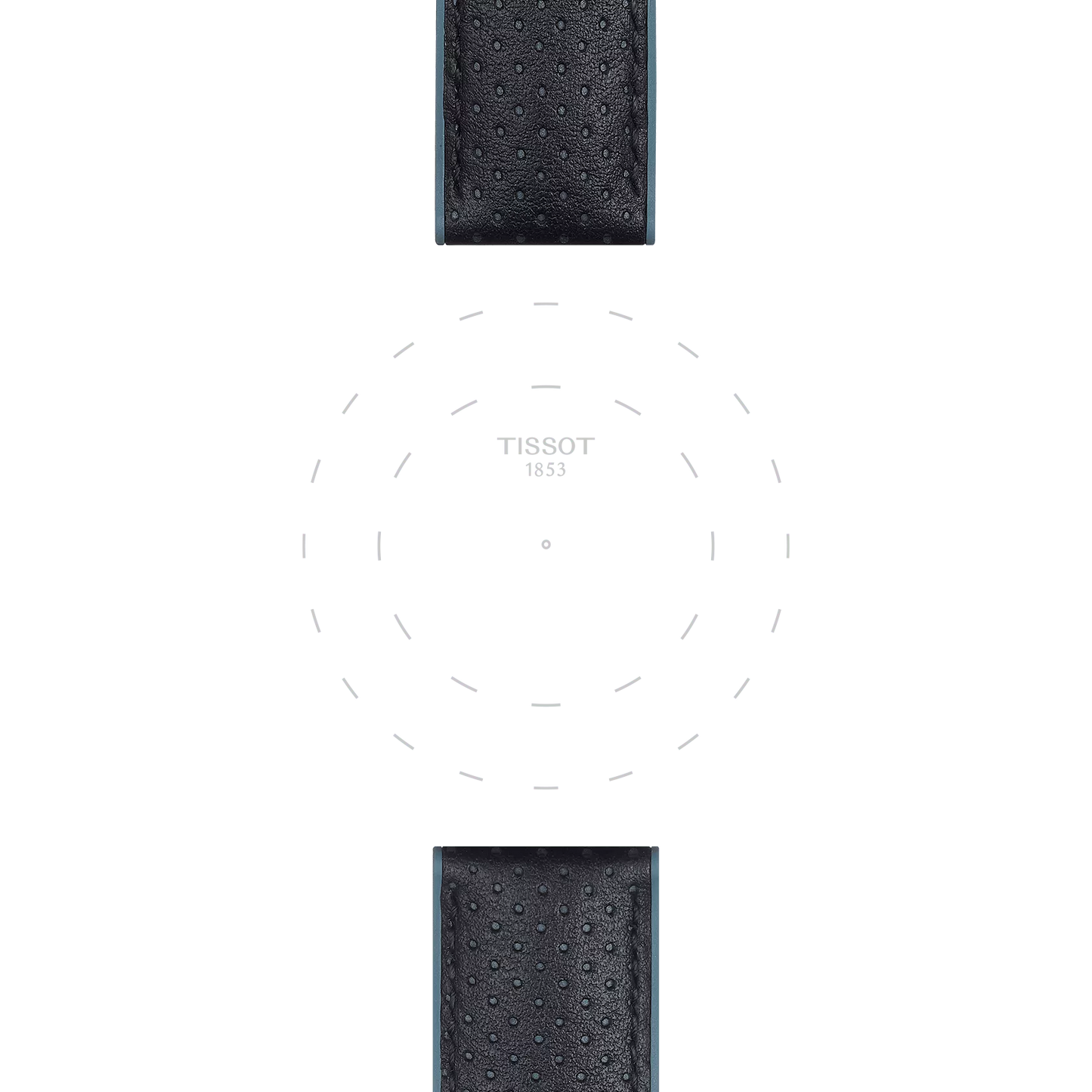 Two segments of the Tissot Official Blue Leather and Rubber Strap, featuring 22 mm lugs, are positioned above and below a faint circular watch dial outline with "TISSOT 1853" text centered on a white background.