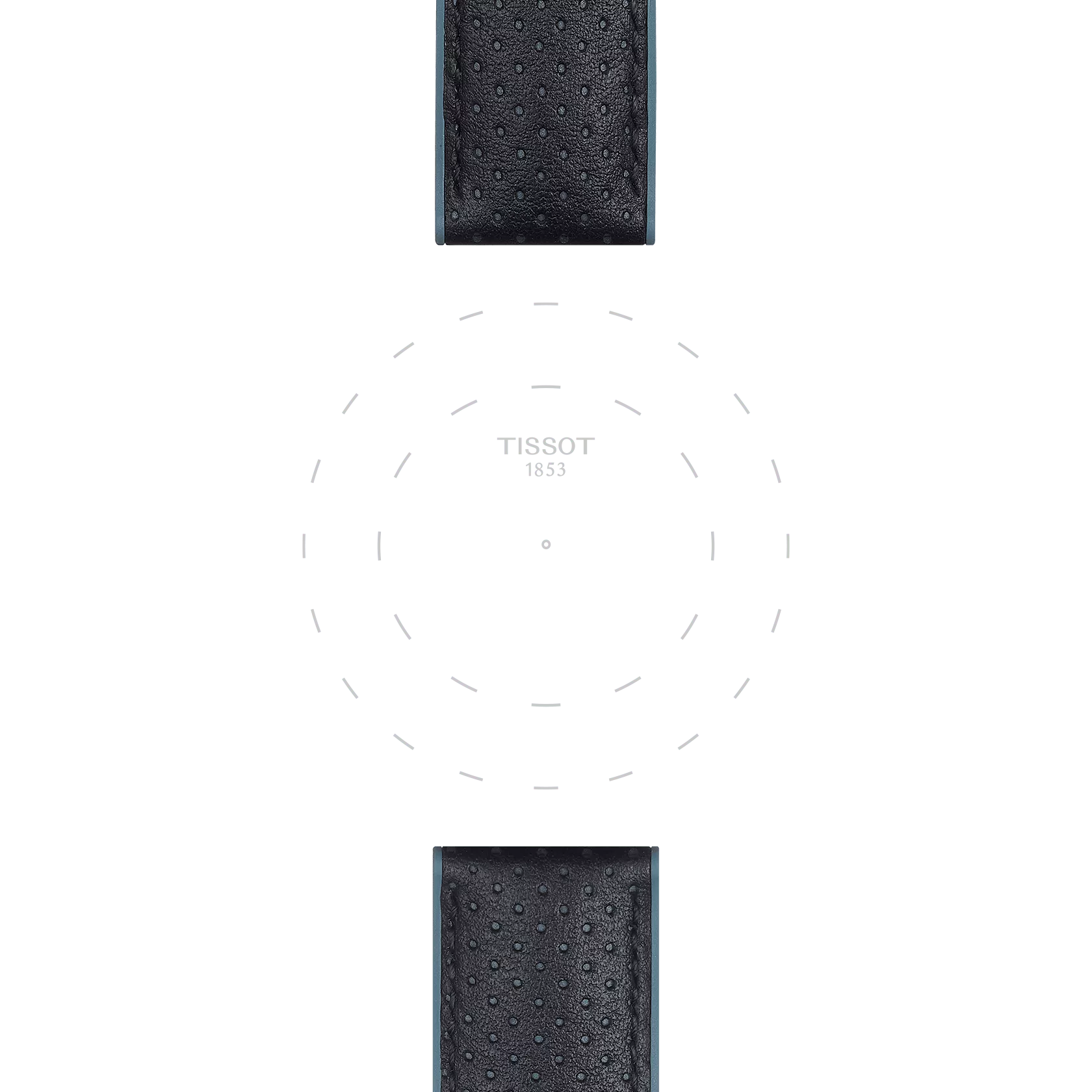 Two segments of the Tissot Official Blue Leather and Rubber Strap, featuring 22 mm lugs, are positioned above and below a faint circular watch dial outline with "TISSOT 1853" text centered on a white background.