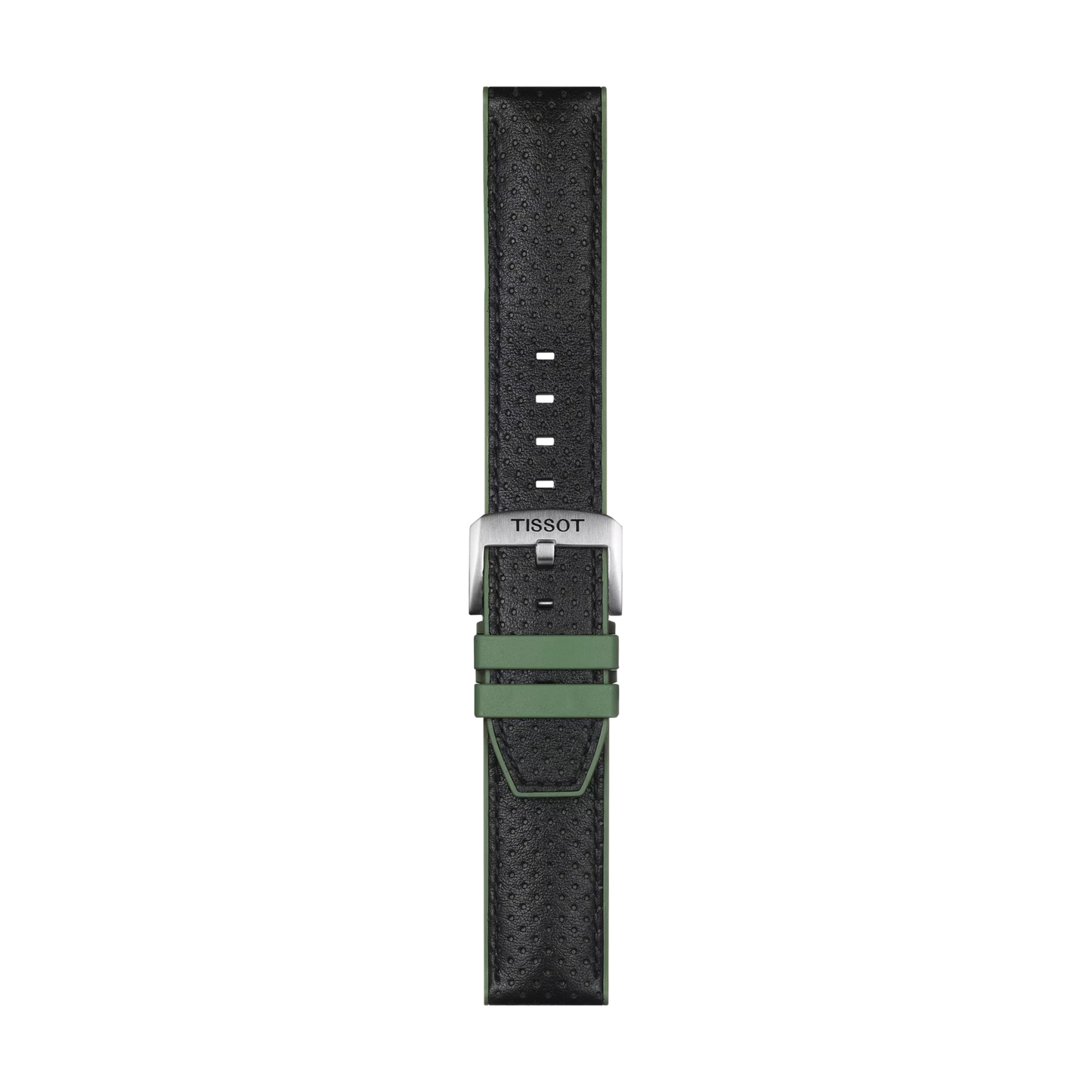 The Tissot Official Green Leather and Rubber Strap with 22 mm lugs is featured in green and black, showcasing perforated leather and a metal buckle, displayed against a white background.