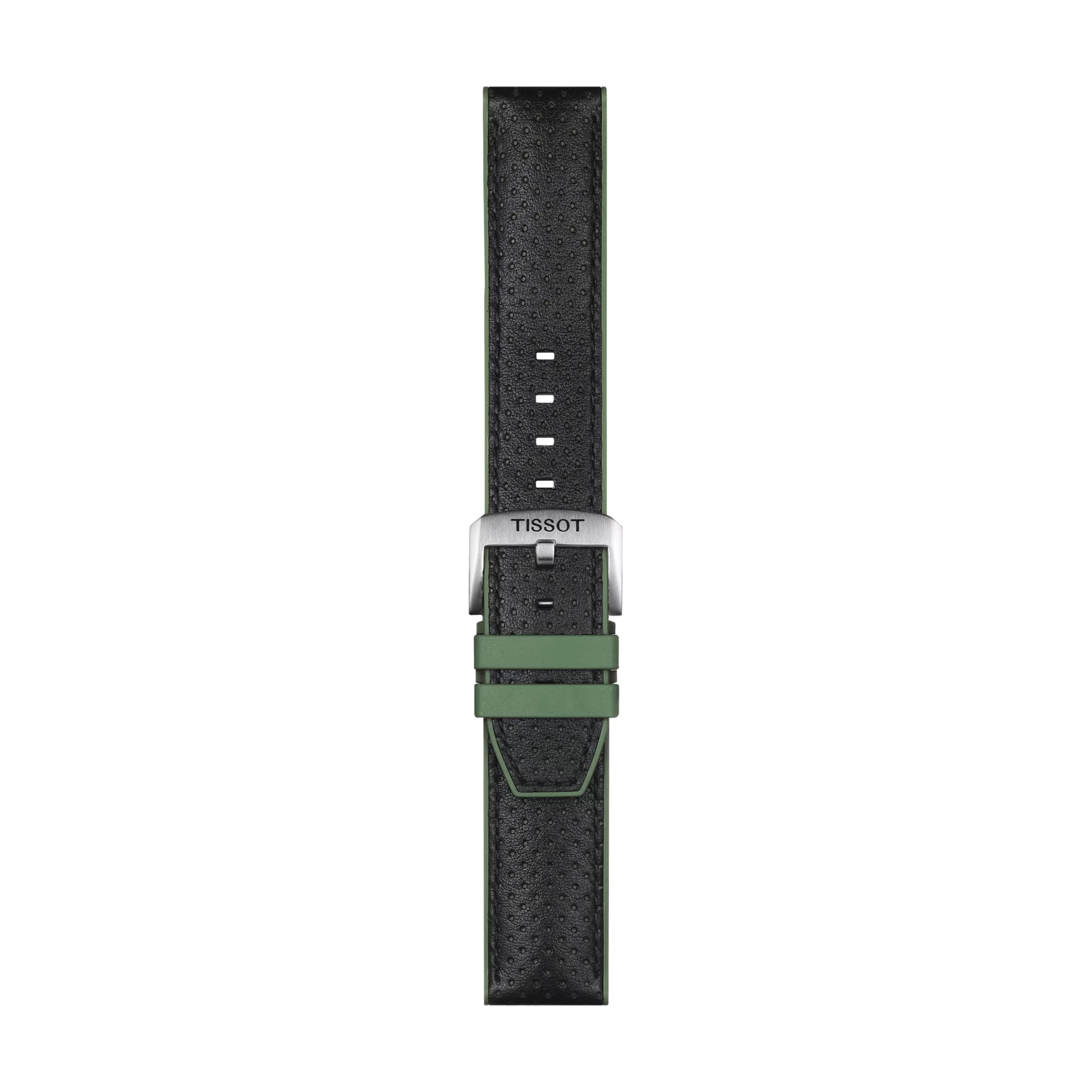 The Tissot Official Green Leather and Rubber Strap with 22 mm lugs is featured in green and black, showcasing perforated leather and a metal buckle, displayed against a white background.