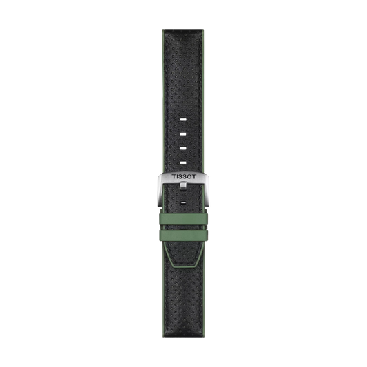 The Tissot Official Green Leather and Rubber Strap with 22 mm lugs is featured in green and black, showcasing perforated leather and a metal buckle, displayed against a white background.