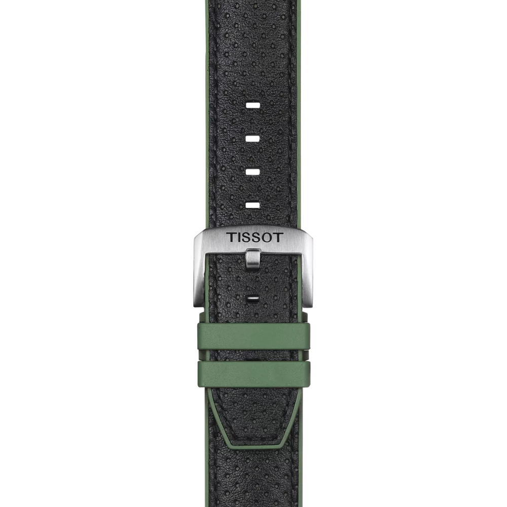 Close-up of the Tissot Official Green Leather and Rubber Strap with 22 mm lugs, showcasing a black leather design with green edges and loops, and a silver buckle engraved with "TISSOT" against a plain white background.