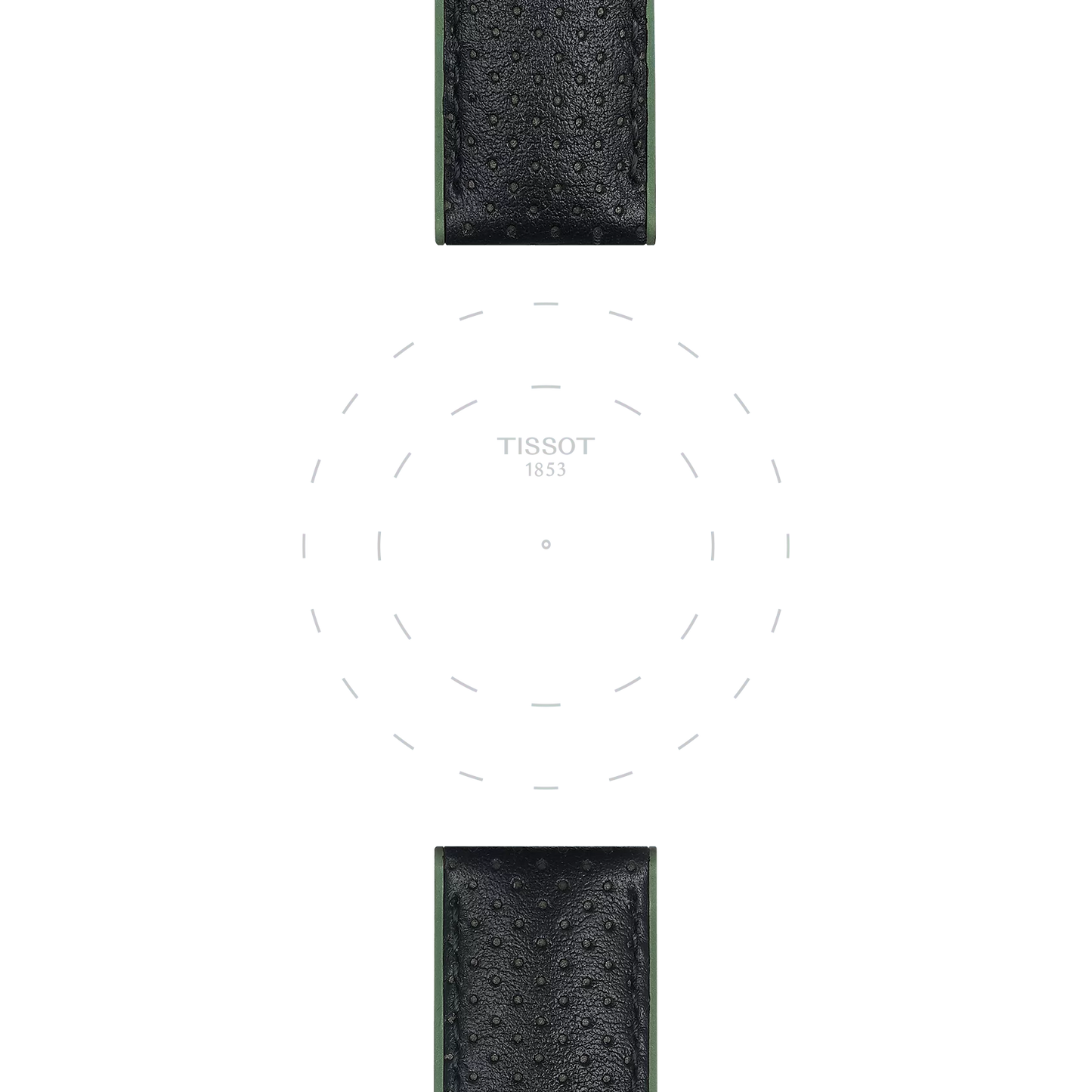 Two sections of a green leather and rubber Tissot watch strap with 22 mm lugs are visible at the top and bottom, with the brand "Tissot" written in the center of a blank grey watch face.
