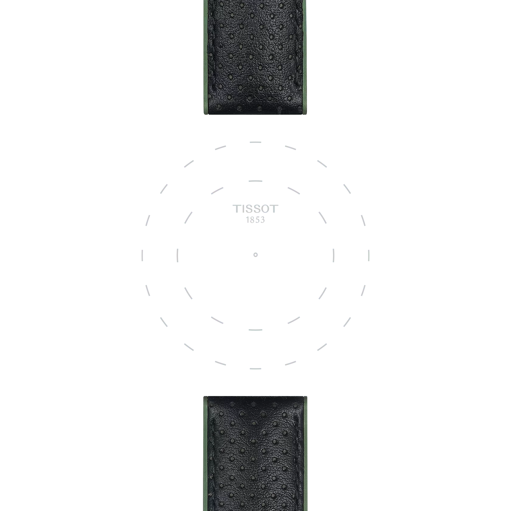 Two sections of a green leather and rubber Tissot watch strap with 22 mm lugs are visible at the top and bottom, with the brand "Tissot" written in the center of a blank grey watch face.