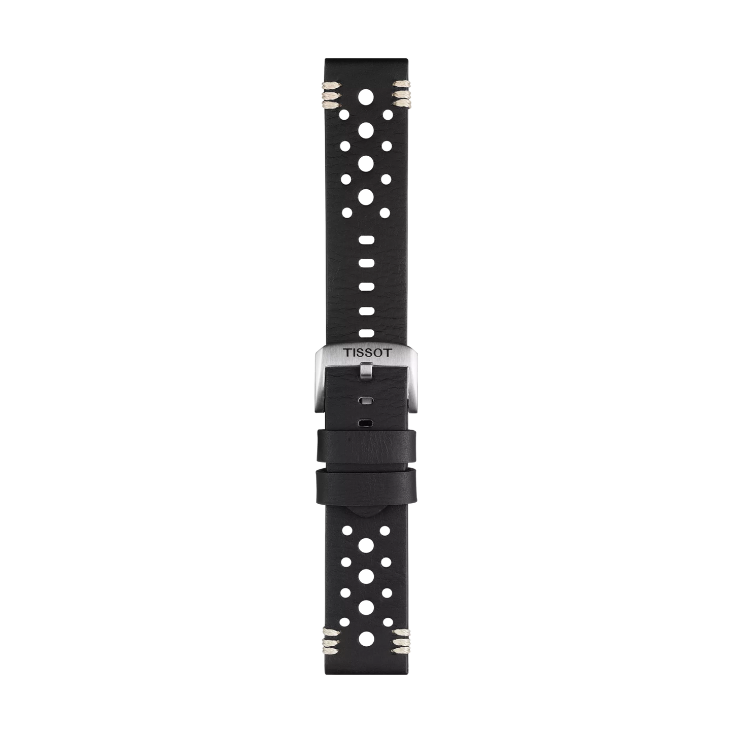 Tissot Official Black Leather Strap with 22 mm lugs, featuring multiple round perforations, white stitching at both ends, and a silver buckle engraved with the "TISSOT" logo, displayed on a plain white background.