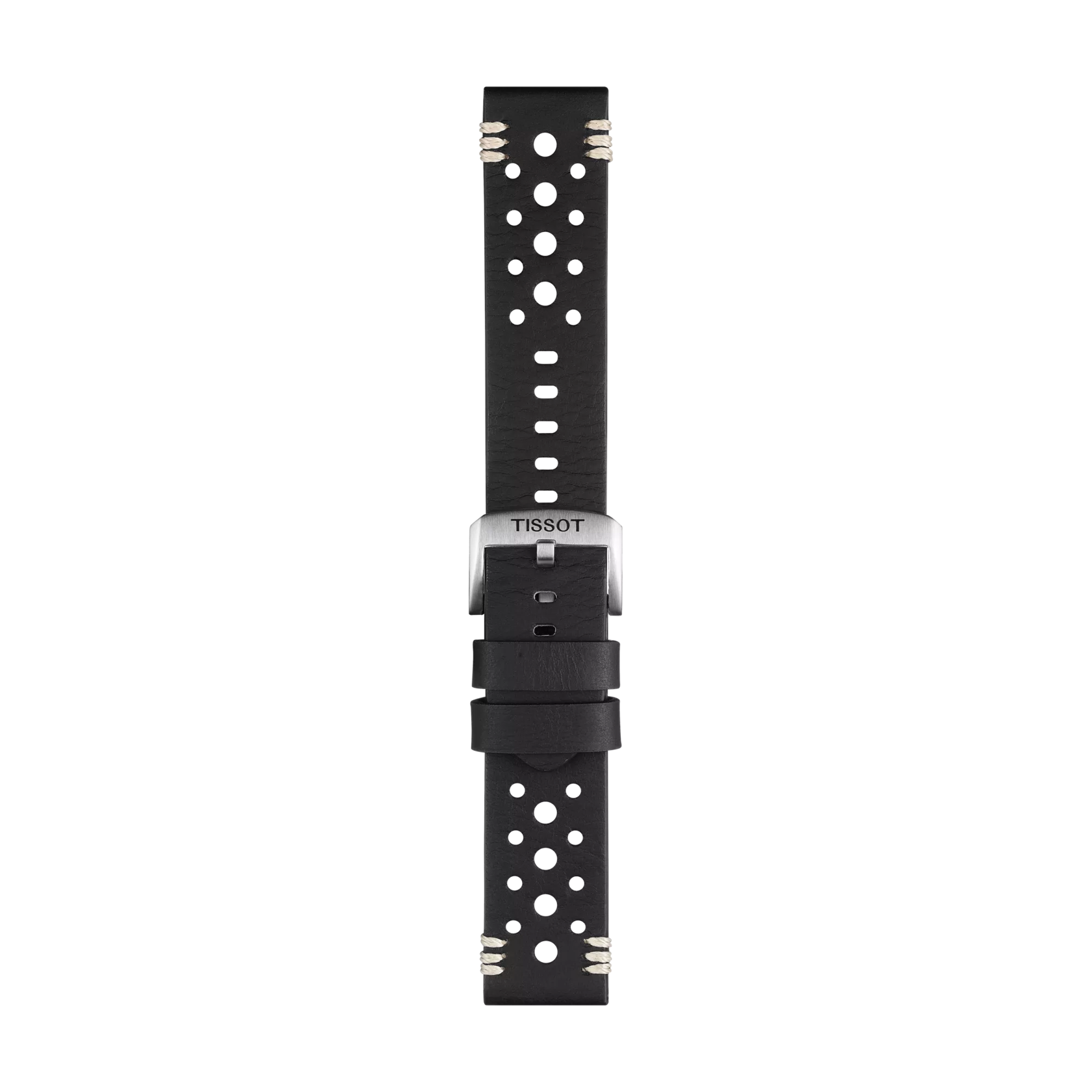 Tissot Official Black Leather Strap with 22 mm lugs, featuring multiple round perforations, white stitching at both ends, and a silver buckle engraved with the "TISSOT" logo, displayed on a plain white background.