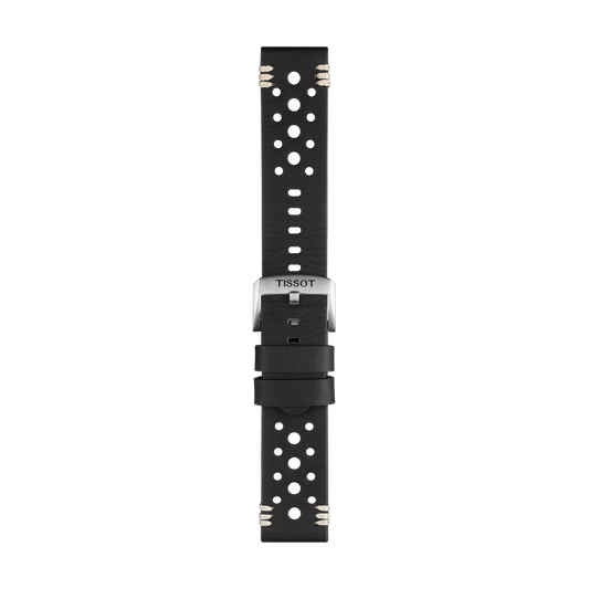 Tissot Official Black Leather Strap with 22 mm lugs, featuring multiple round perforations, white stitching at both ends, and a silver buckle engraved with the "TISSOT" logo, displayed on a plain white background.