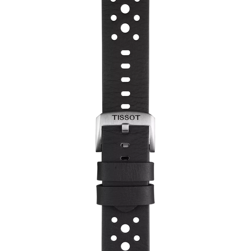 Close-up of the Tissot Official Black Leather Strap (Lugs 22 mm) featuring a perforated black leather design and a silver buckle engraved with "TISSOT." The strap includes two loops and multiple holes for adjustment, displayed on a white background.
