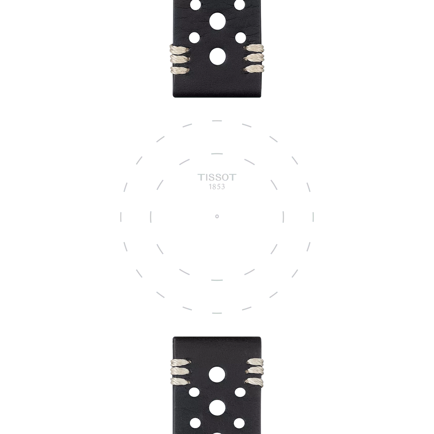 Two Tissot Official Black Leather Straps with 22 mm lugs, featuring circular holes and white stitching, are positioned above and below a blank white watch face with the "TISSOT 1853" logo faintly visible at the center.