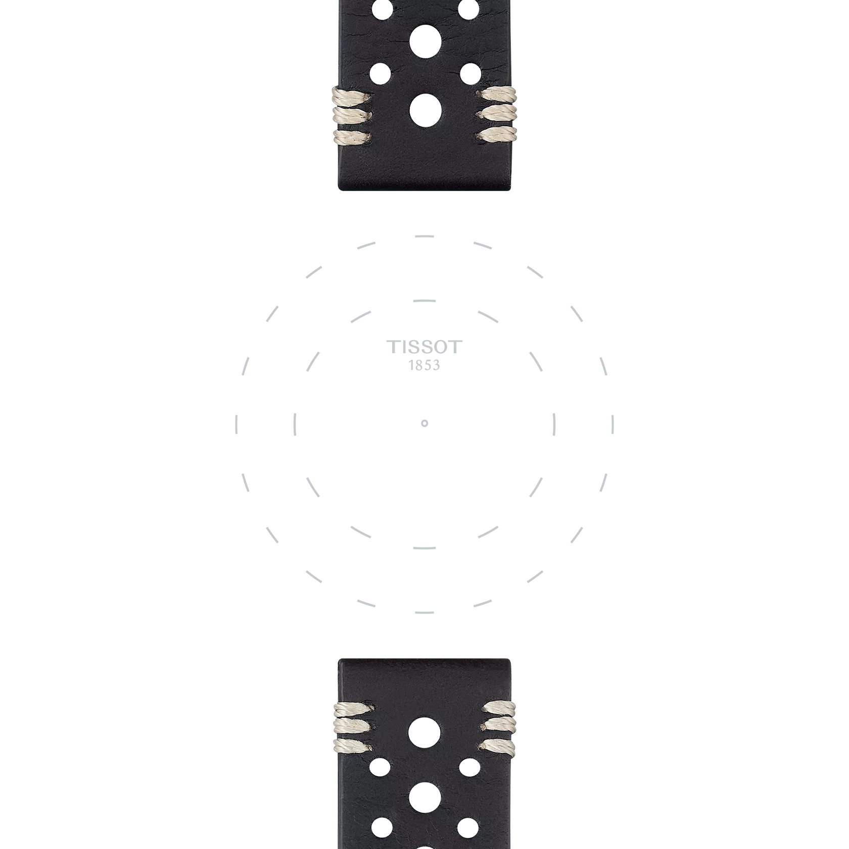 Two Tissot Official Black Leather Straps with 22 mm lugs, featuring circular holes and white stitching, are positioned above and below a blank white watch face with the "TISSOT 1853" logo faintly visible at the center.