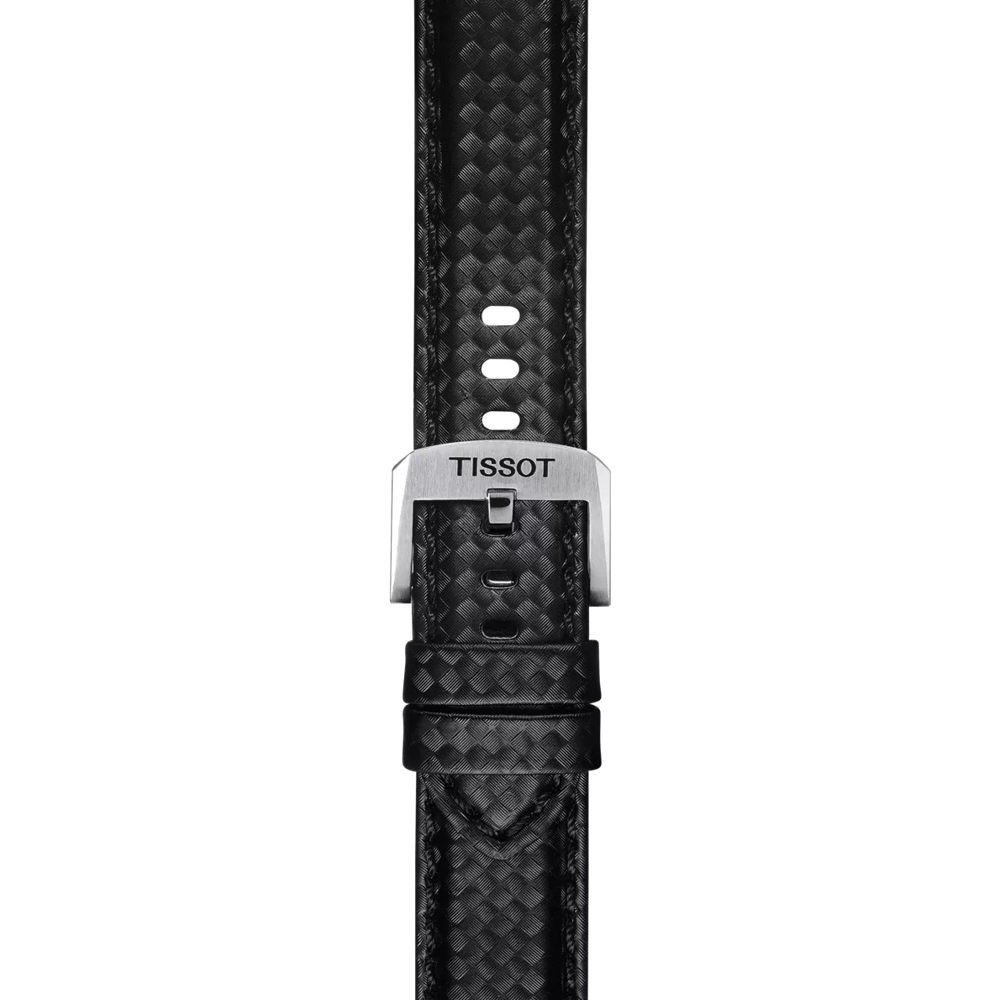 Close-up of the Tissot Official Black Fabric Strap Lugs 20 mm, featuring a black textured design with multiple holes for size adjustment and a silver buckle engraved with "TISSOT," set against a plain white background.