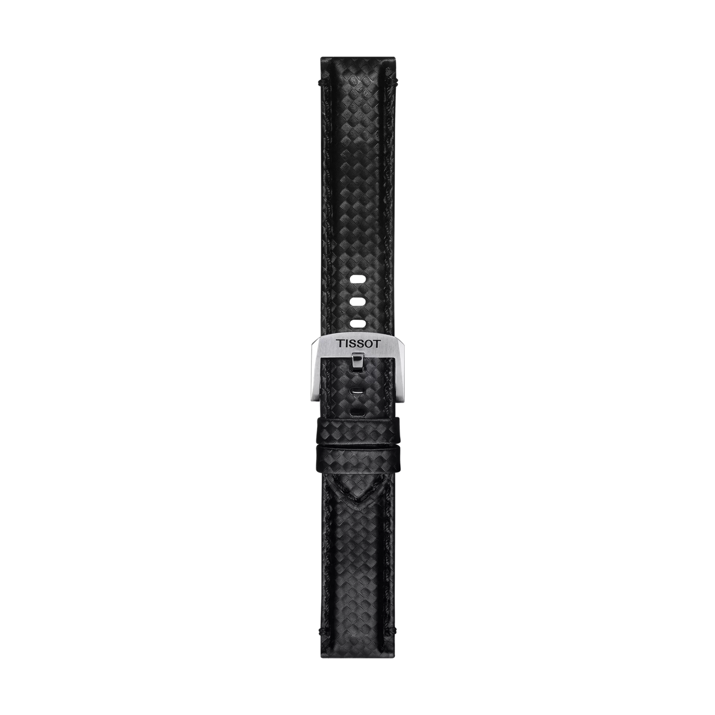 Tissot Official black fabric strap with 20 mm lugs, featuring a silver buckle engraved with "TISSOT," displayed vertically on a plain white background.
