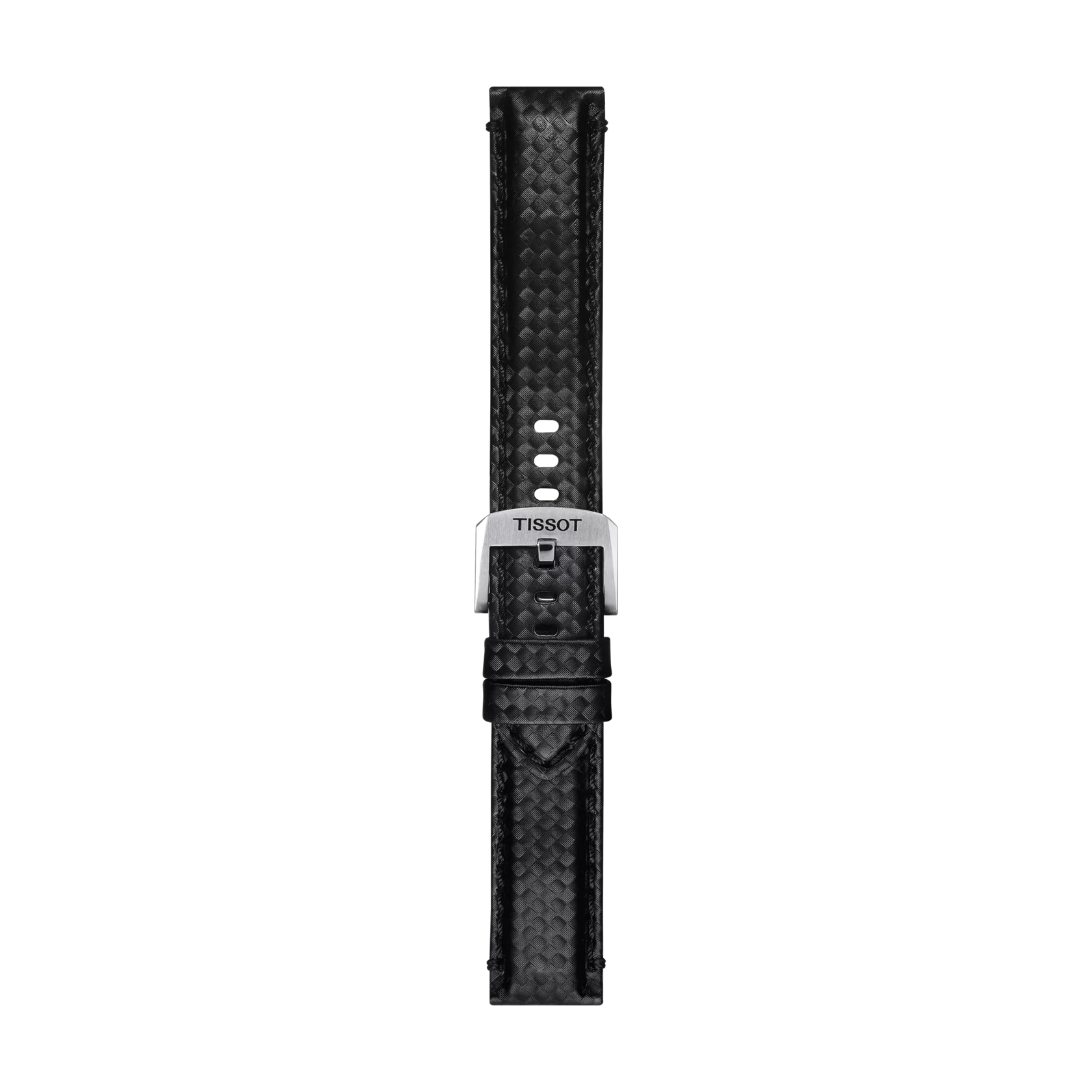 Tissot Official black fabric strap with 20 mm lugs, featuring a silver buckle engraved with "TISSOT," displayed vertically on a plain white background.