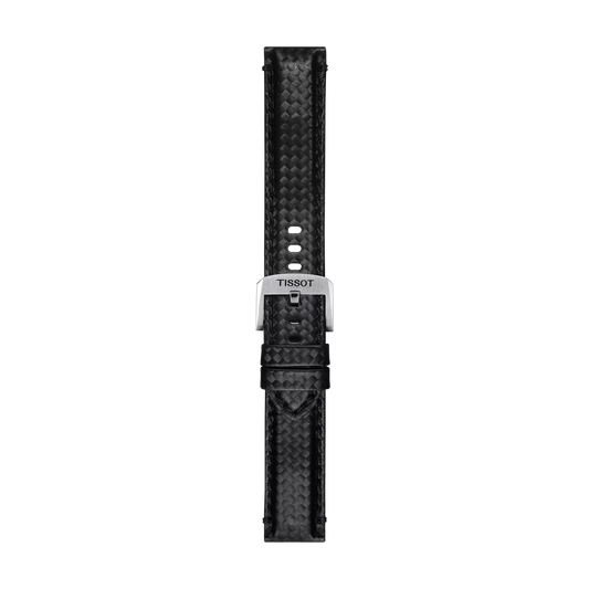 Tissot Official black fabric strap with 20 mm lugs, featuring a silver buckle engraved with "TISSOT," displayed vertically on a plain white background.