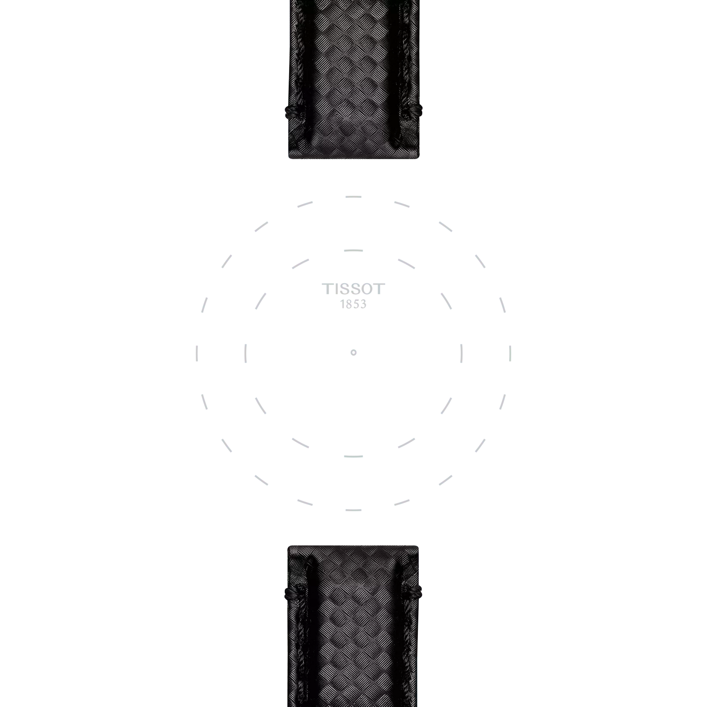 A minimalist Tissot watch face featuring "TISSOT 1853" at the center, surrounded by dotted hour markers in a circular pattern, with sections of the Tissot Official Black Fabric Strap (20 mm lug width) visible at the top and bottom.