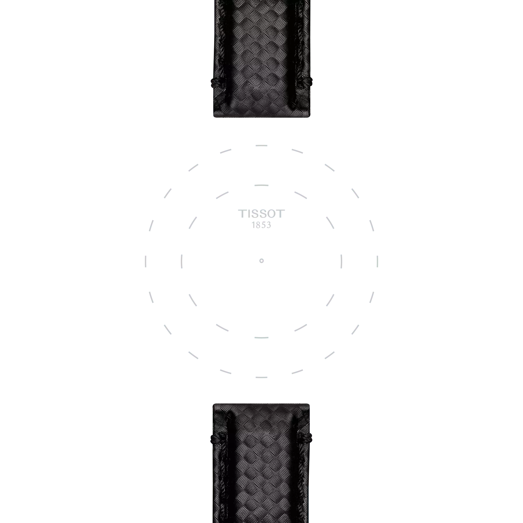 A minimalist Tissot watch face featuring "TISSOT 1853" at the center, surrounded by dotted hour markers in a circular pattern, with sections of the Tissot Official Black Fabric Strap (20 mm lug width) visible at the top and bottom.