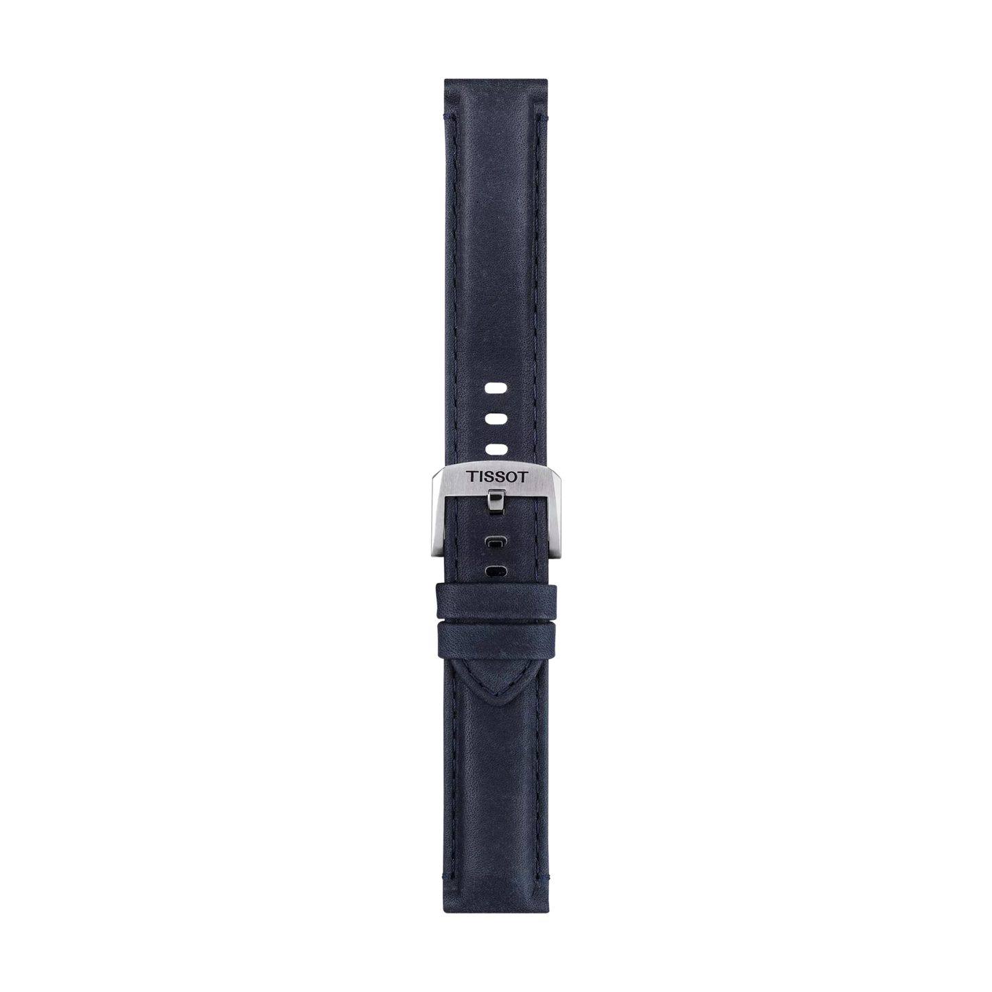 The Tissot Official Blue Leather Strap Lugs 20 mm features a rich navy blue leather design with white stitching and a silver buckle engraved with "TISSOT," displayed vertically on a white background.