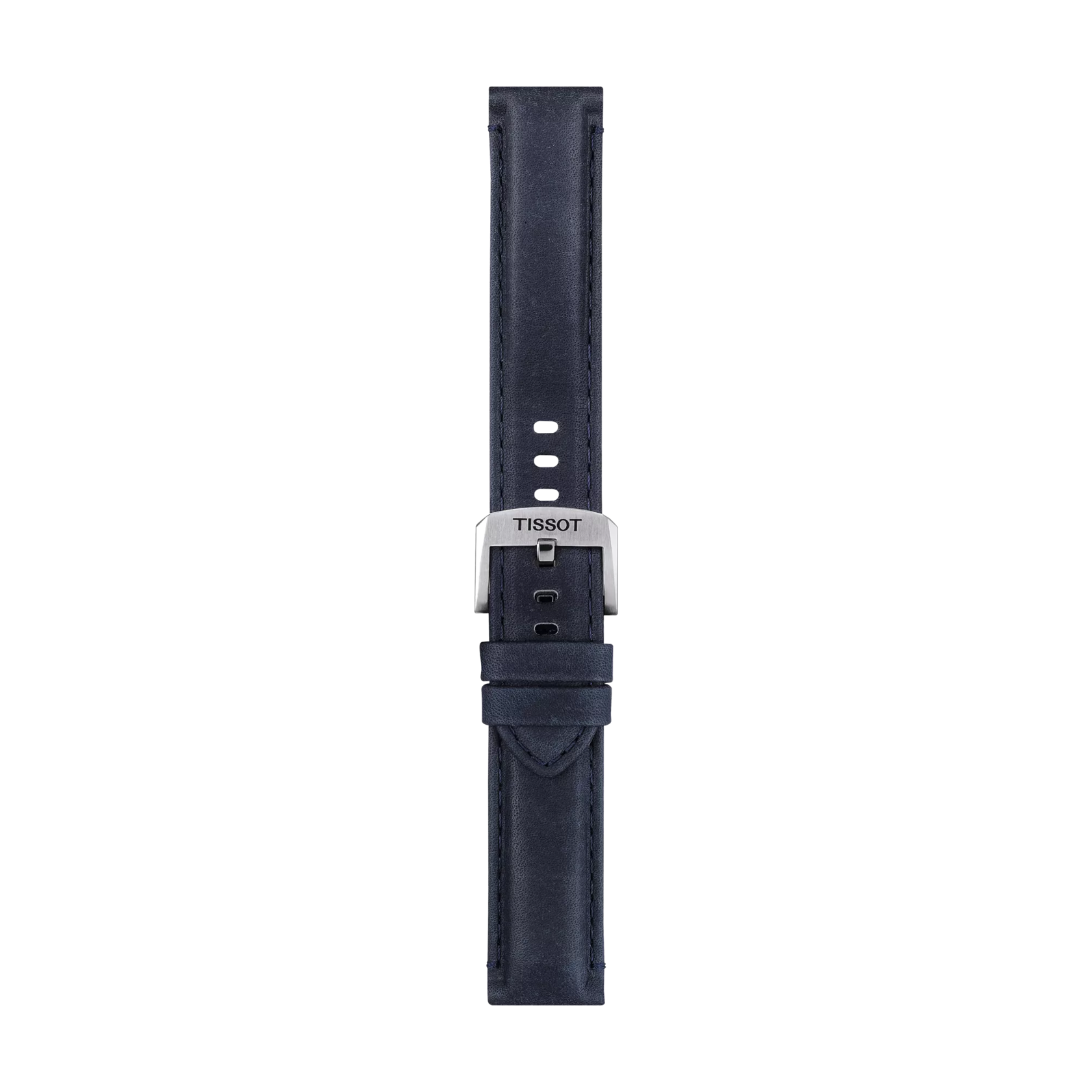 The Tissot Official Blue Leather Strap Lugs 20 mm features a rich navy blue leather design with white stitching and a silver buckle engraved with "TISSOT," displayed vertically on a white background.